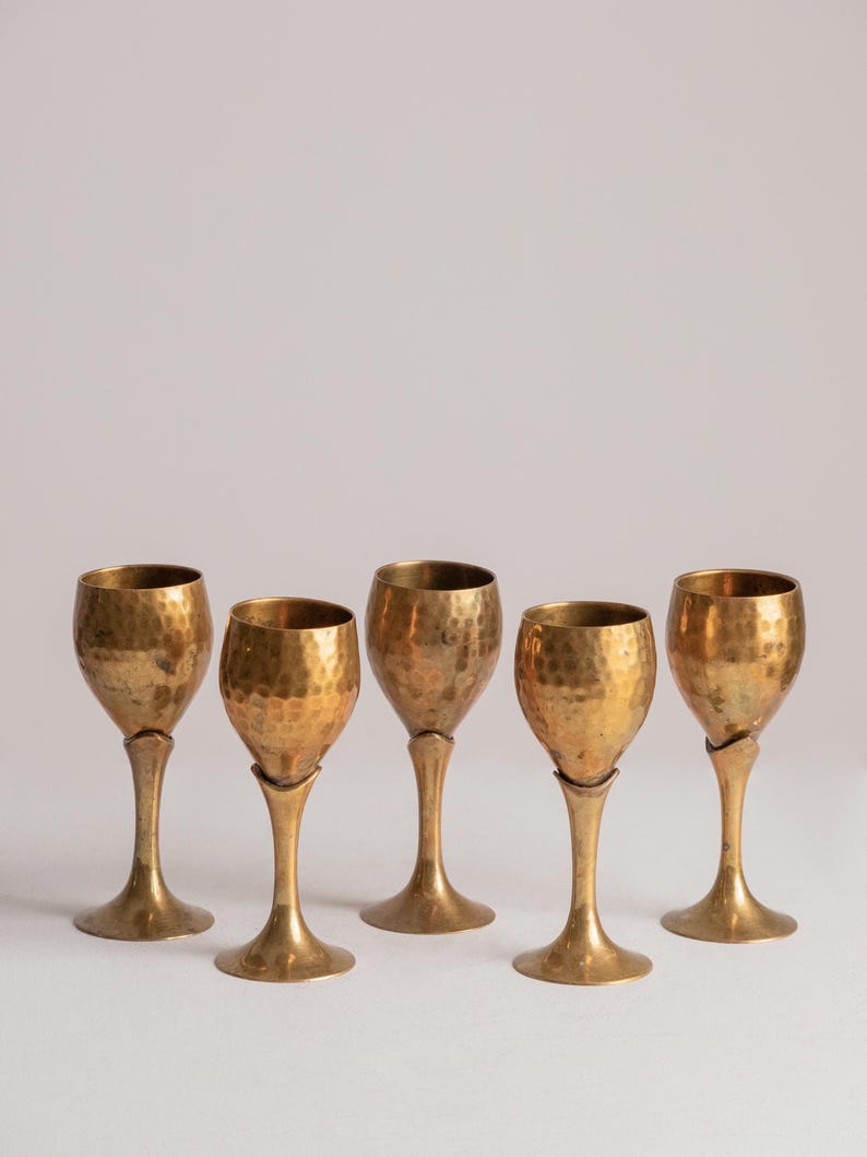 Vintage Hammered Brass Goblets with Tulip Stems, Set of 5 by Studio Ecubed | The Oblist