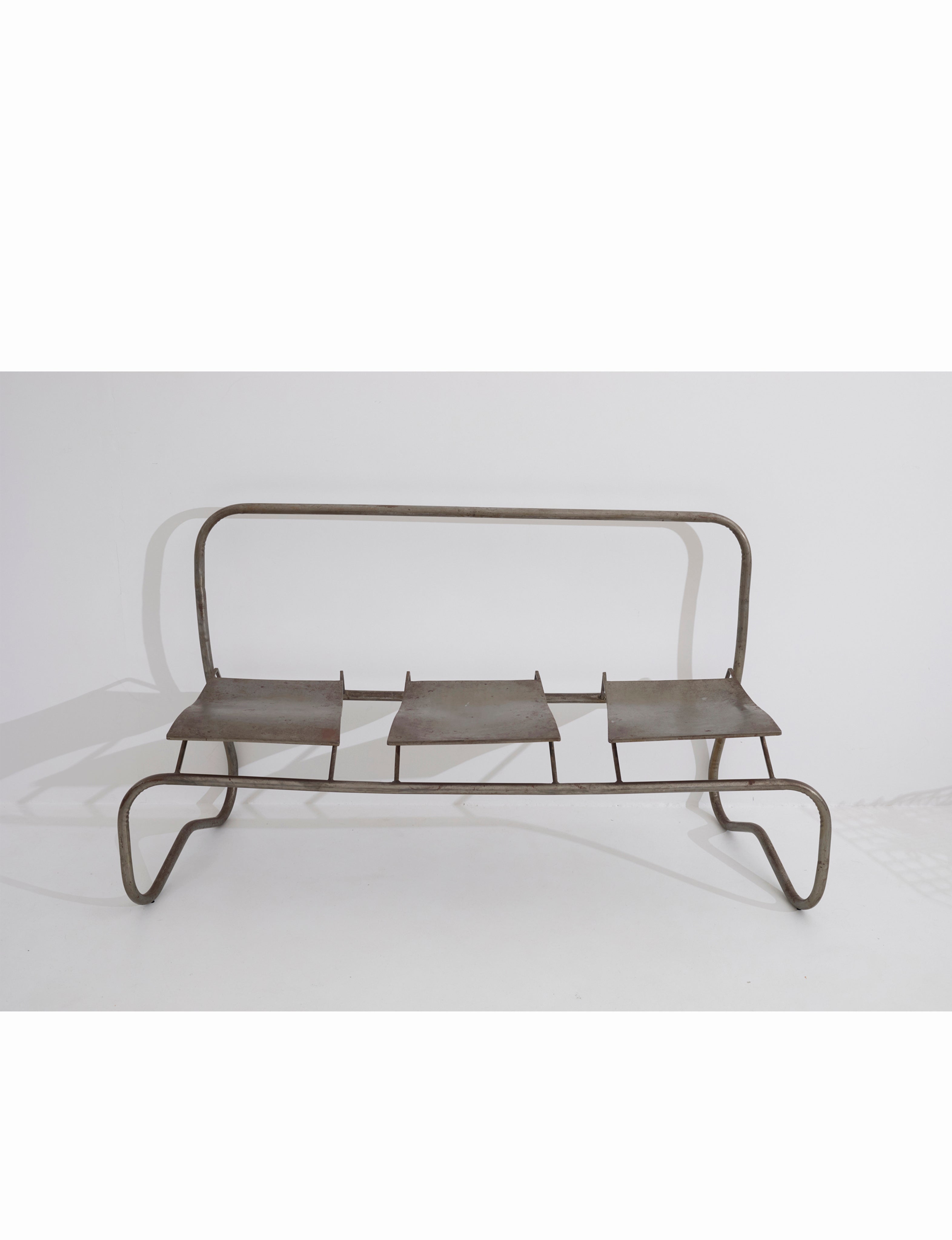 Unique Signed Artist Bench / Settee in Metal — top view of metal seat design