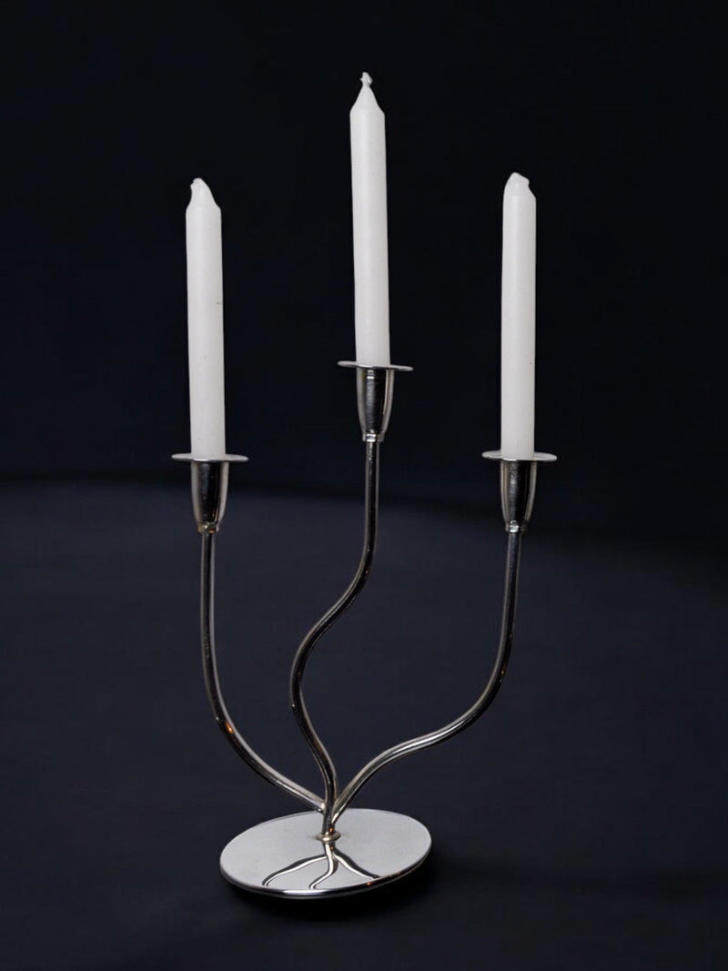 Art deco candlestick in stainless steel 3 flames, Spain, 1970 — detail view