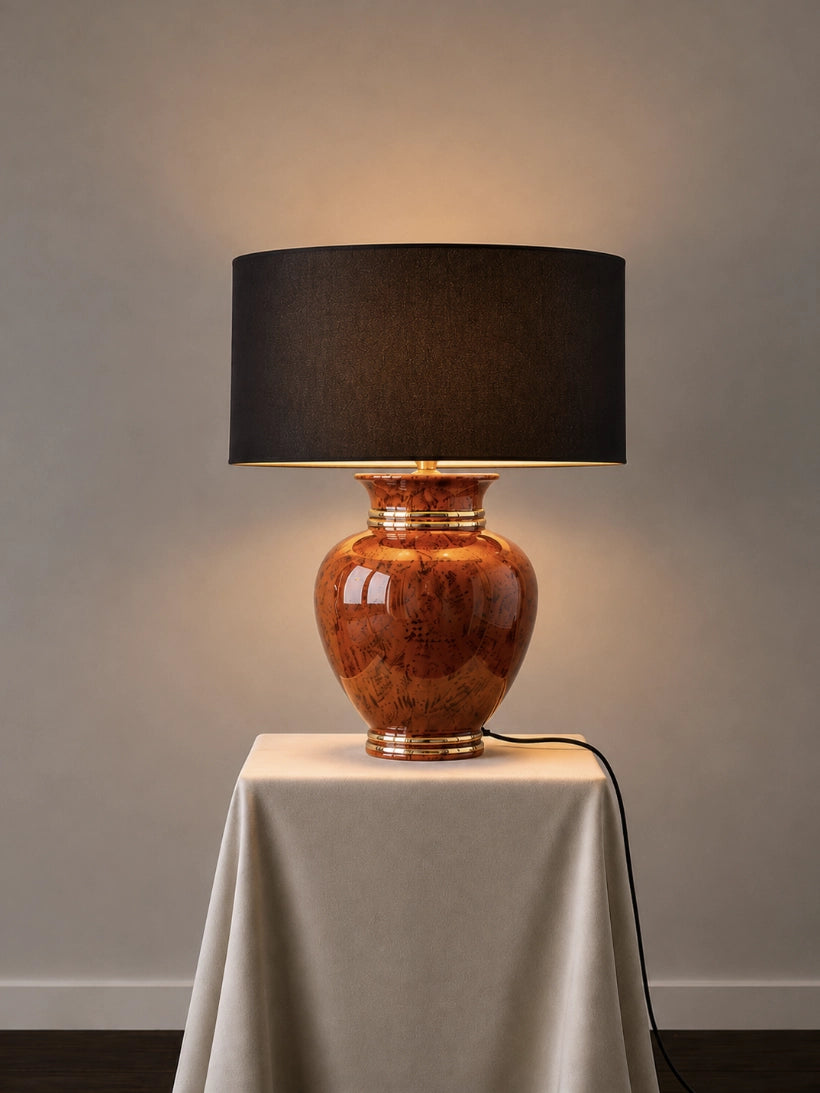 1960s French Vintage Table Lamp in Ceramic and Fabric — detail view