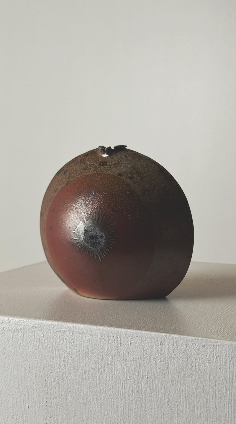 Brown stoneware soliflore vase by Gustave Tiffoche profile view