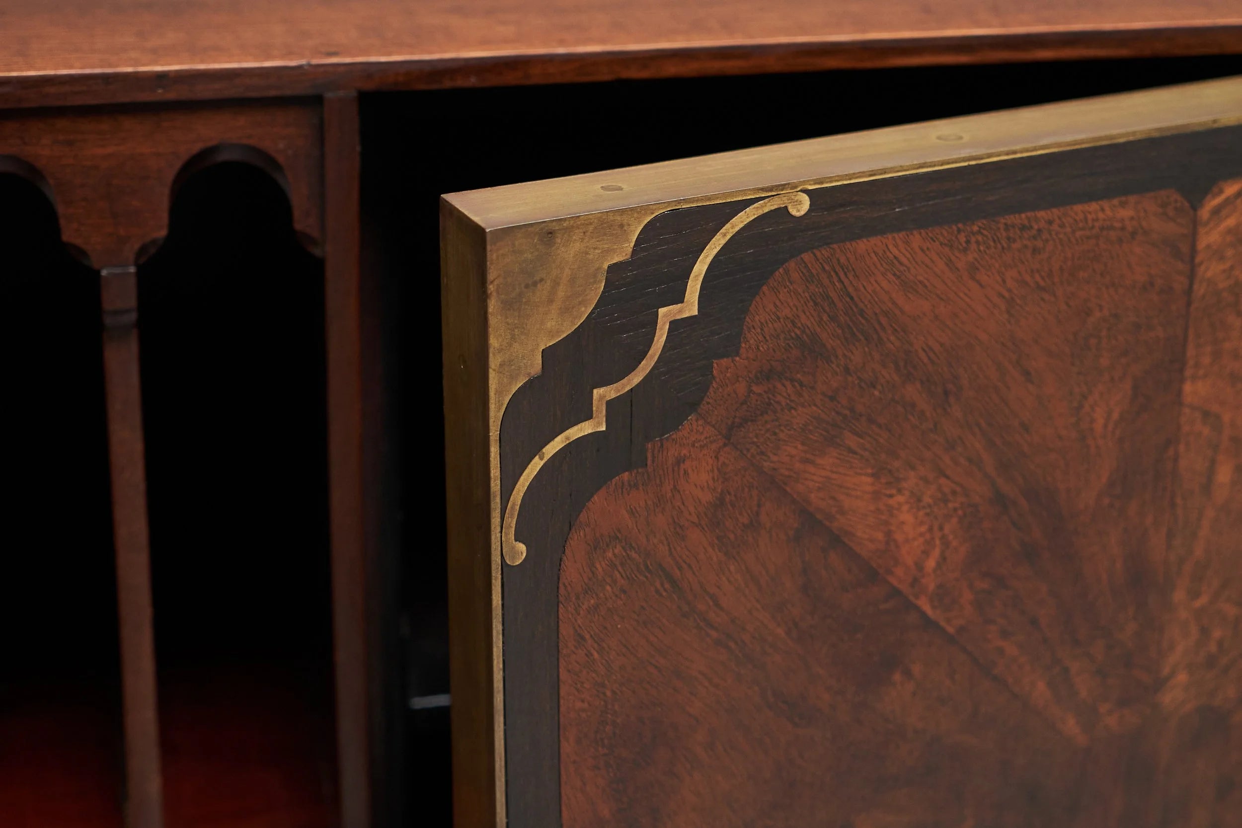 Exceptional Secretary Desk in Mahogany, Walnut, Ebony and Brass, Early 20th Century — alternate view
