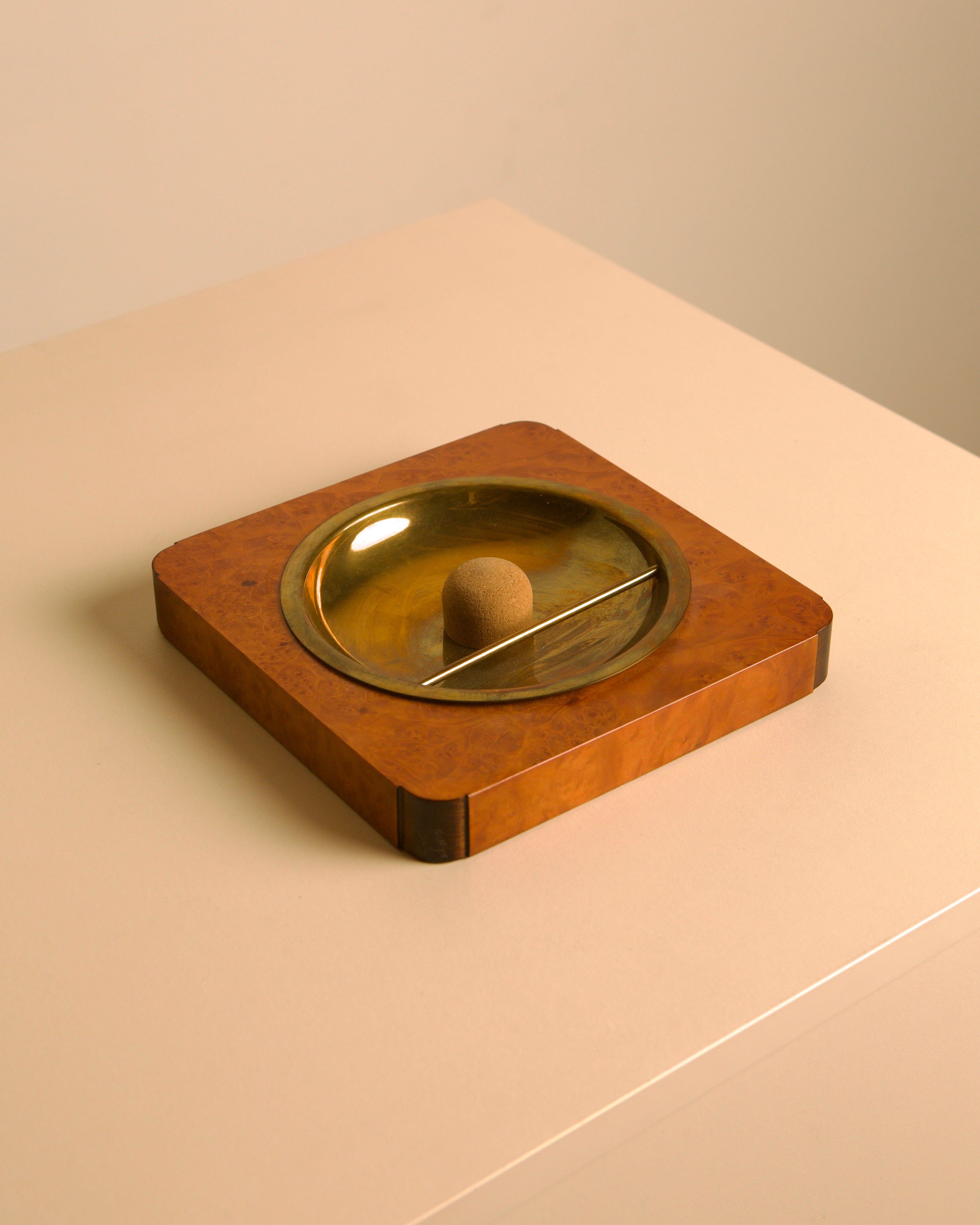 Italian Burl Wood & Brass Catchall Tray with Cork Ball, 1960s — side angle