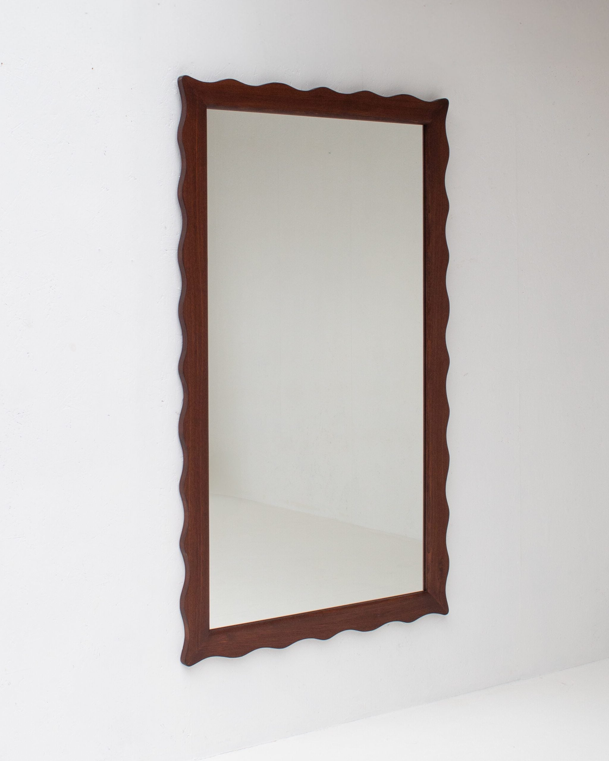 Large Vintage Wavy Walnut Wall Mirror — side angle