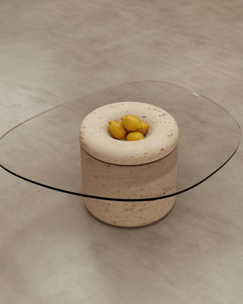 UUFO coffee table with travertine cylindrical base and glass top