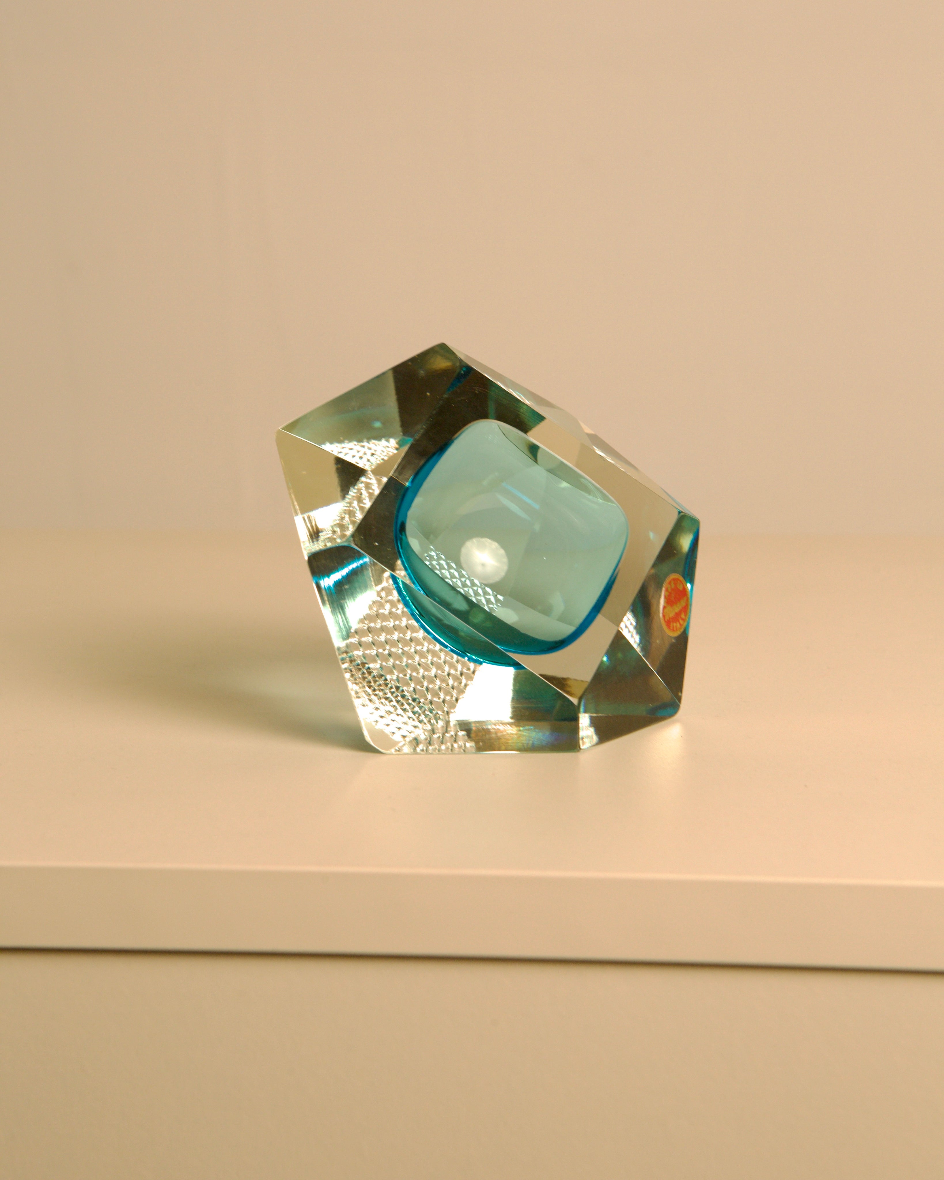 Turquoise Murano Glass "Diamond" Ashtray by Flavio Poli for Seguso 60's — side angle showing clear glass facets