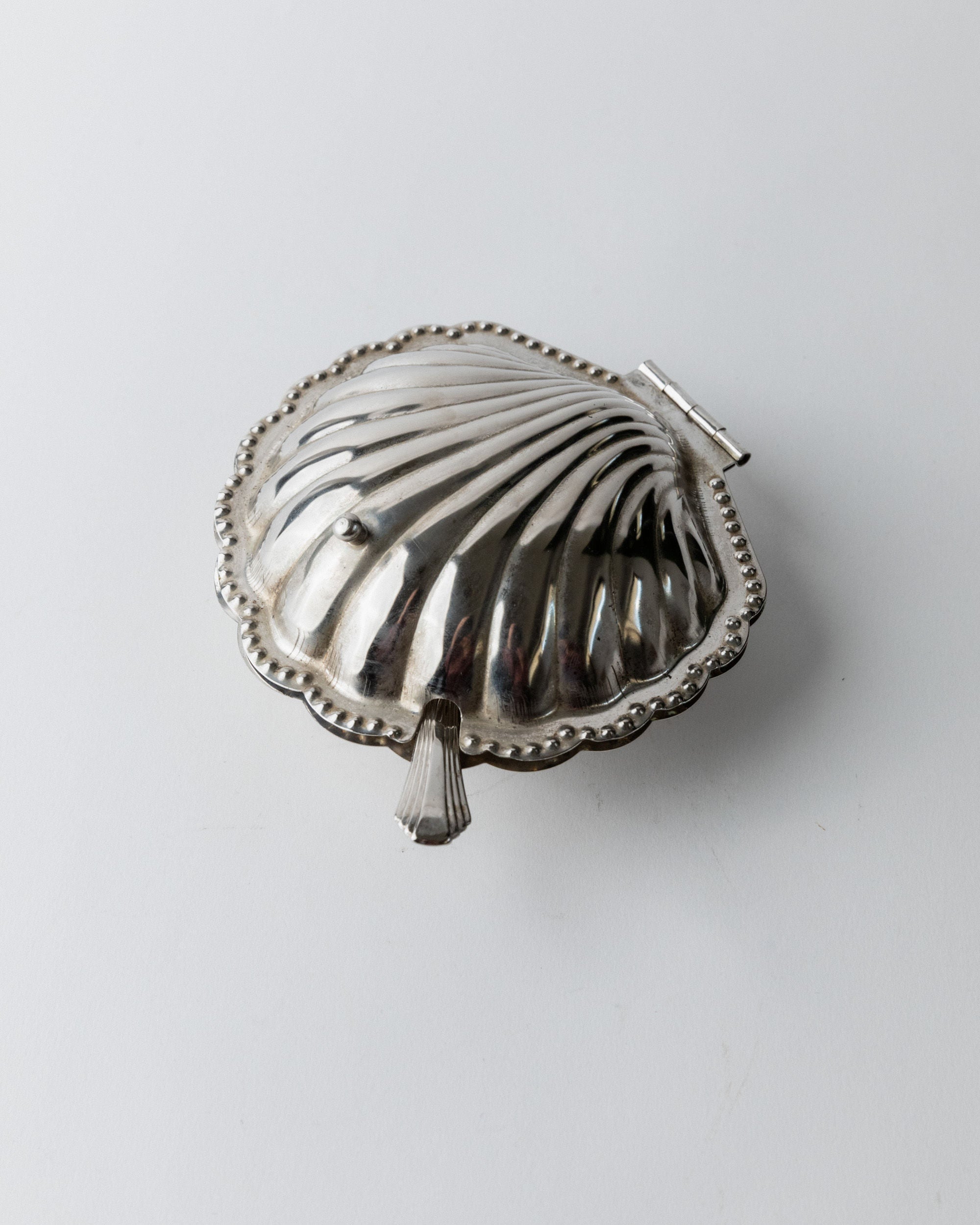 Shell-Shaped Sugar Bowl, Italy 1960s — top view of polished silver surface