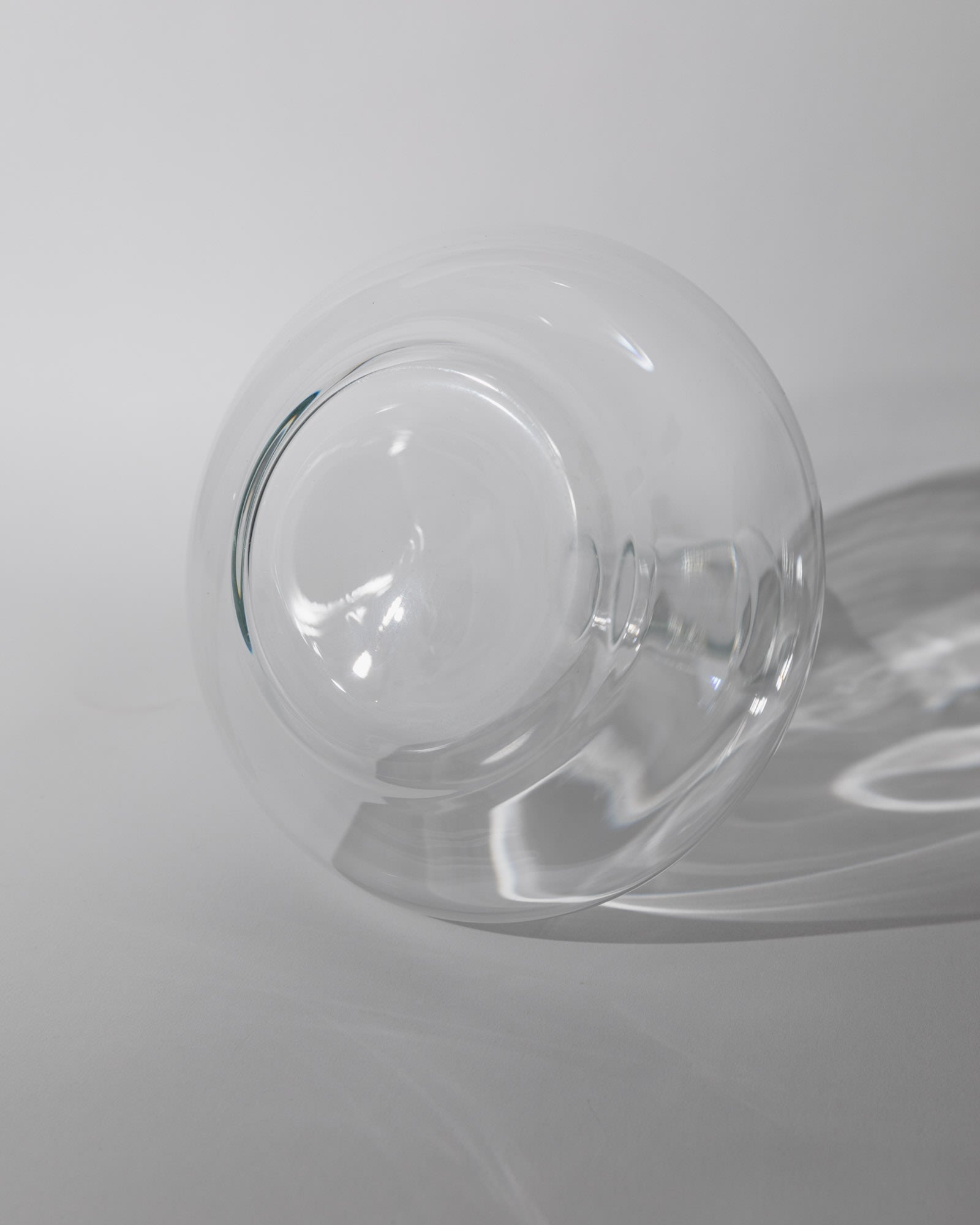 Vintage 1980s Glass Decanter, Italian Glass Ware with Glass Stopper — angled view highlighting clear glass material