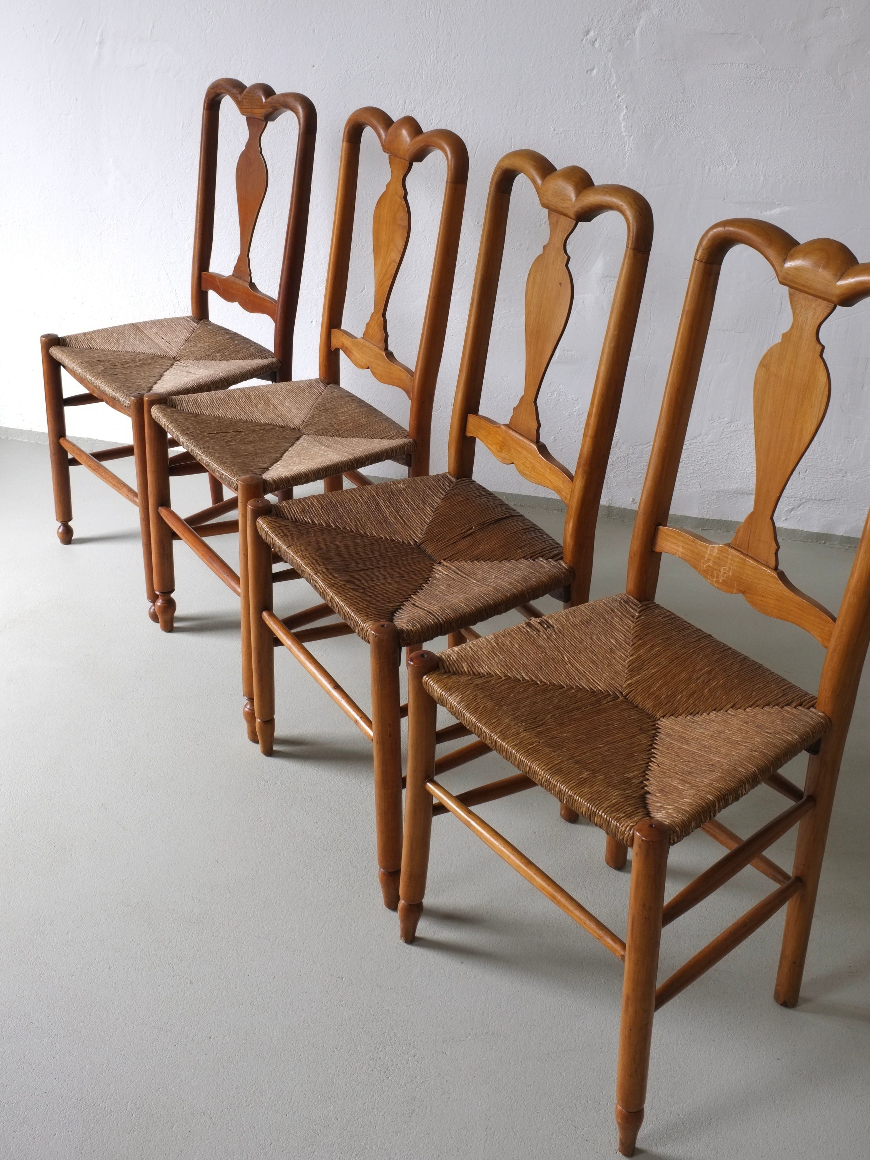 Rustic Rush Seat Chairs, Belgium 1940s — side angle showing woven rush seats