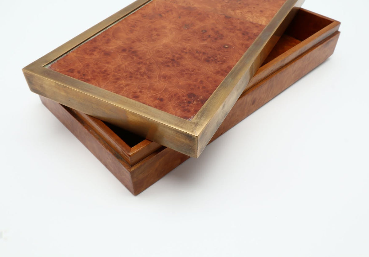 Italian 1970s Burl Wood and Brass Decorative Box — alternate view