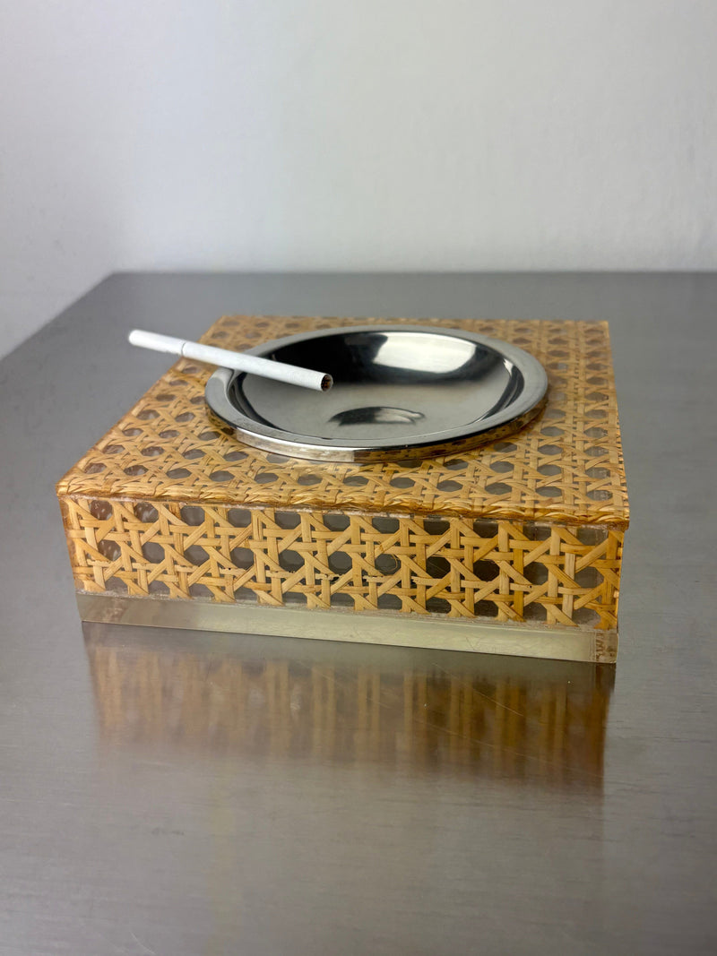 Christian Dior Style Lucite & Rattan Ashtray, 1970s — close-up of rattan texture with metal bowl