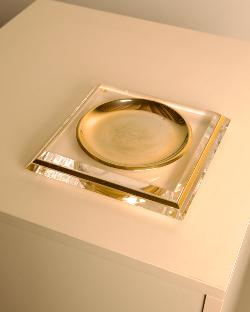 Italian "Pyramid" Trinket Dish in Brass and Plexiglass, 70s by Treaptyque | The Oblist — brass and clear plexiglass