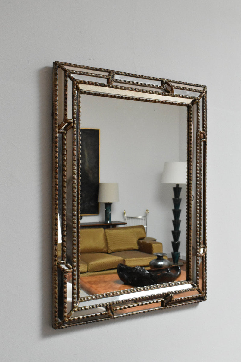 Giltwood and Patinated-wood Mirror, 1940s — angled view reflecting modern living room setting