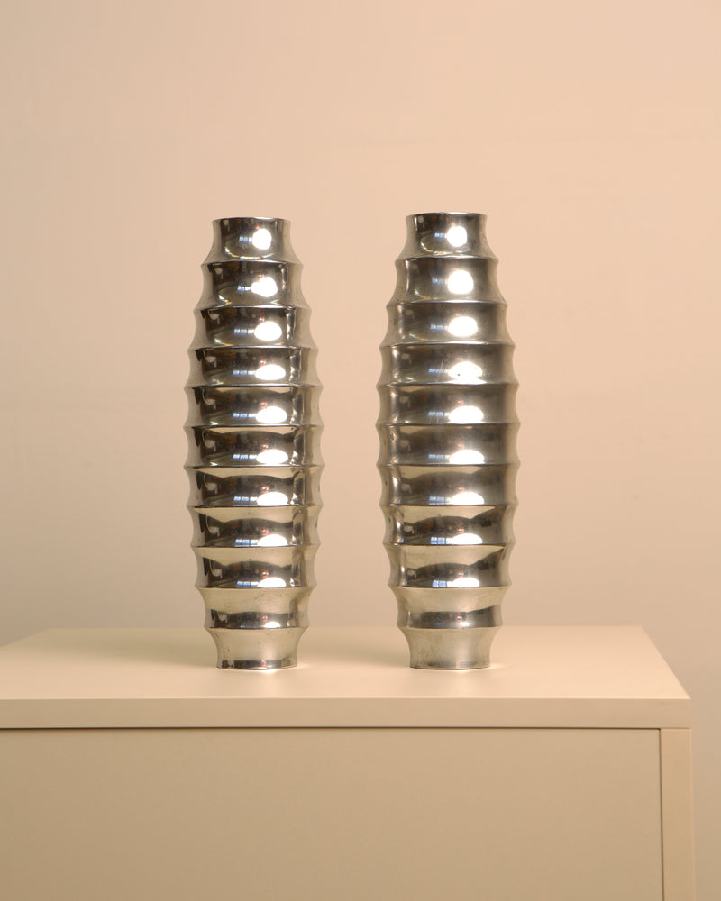Pair of ribbed cast aluminum vases, 1980s vintage design