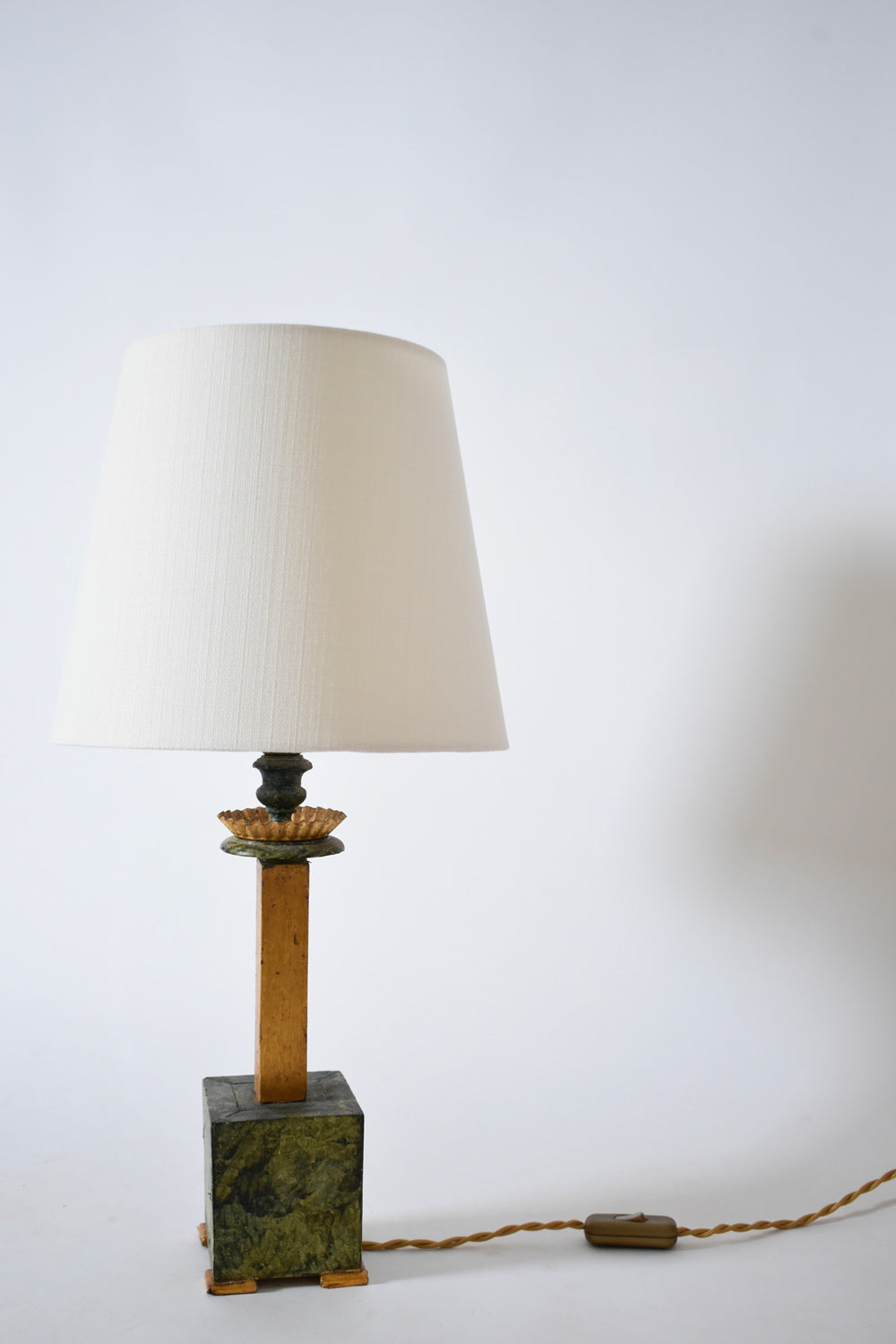 Pair of marble trompe l'oeil wooden lamps, 1940s — side angle