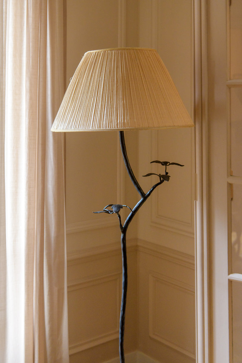 Clematis floor lamp with wrought iron bird branch base detail