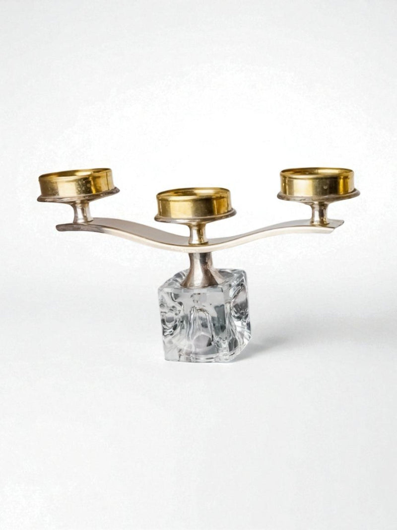 Ice Cube Candleholder by Peill & Putzler, 1970's — close-up of clear glass base with gold candle cups