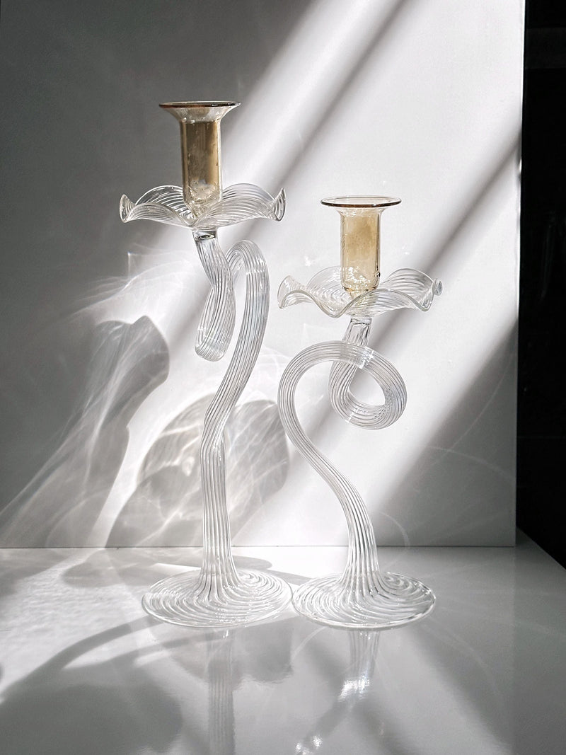 2 Handmade Murano Glass Candleholders — close-up of twisted transparent glass design