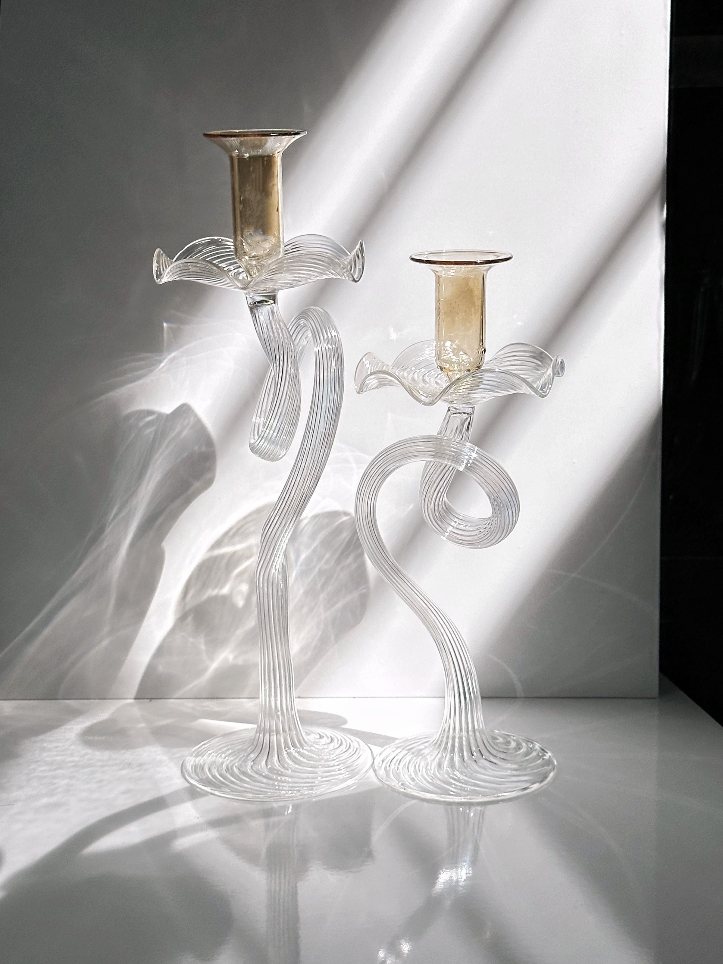 2 Handmade Murano Glass Candleholders — close-up of twisted transparent glass design
