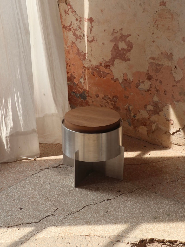 Lunar Side Table — close-up of wooden top and metal base