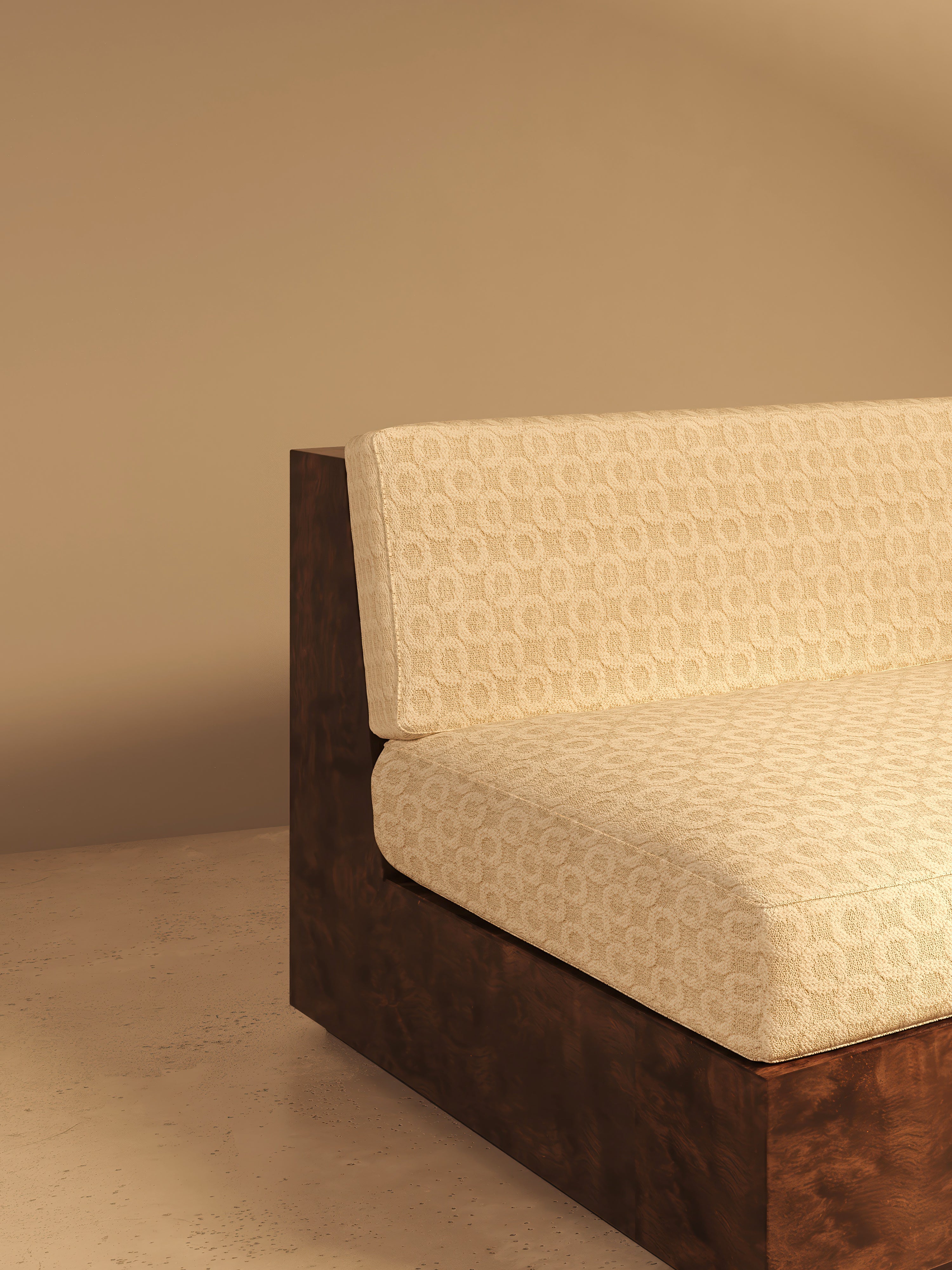 KAVA Collection I SOFA – Walnut Burl Finish, Dedar Upholstery — in context