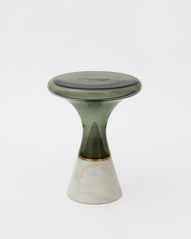 SkLO Join Table Small - Olivin Glass, Brushed Brass, Carrara Marble — lifestyle setting