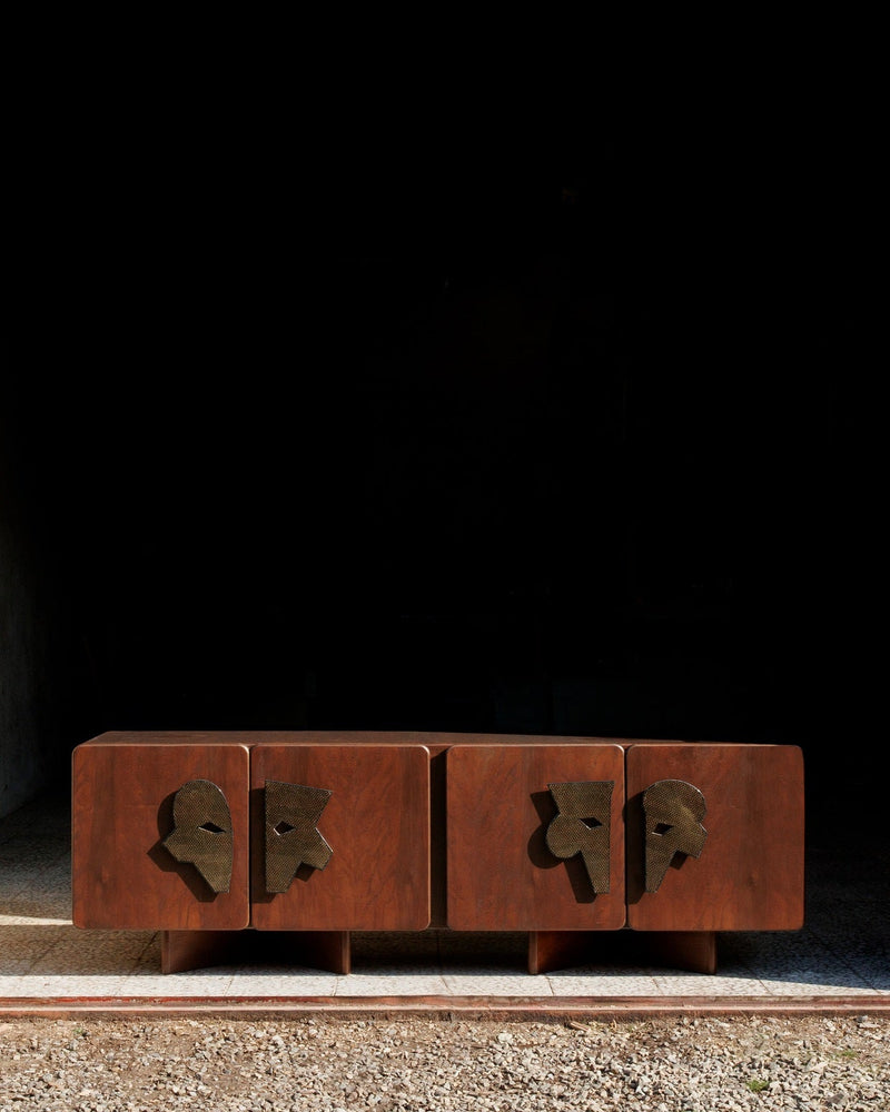 MA I Sideboard – Walnut Finish, Khatam Marquetry Credenza — front view with brass handles