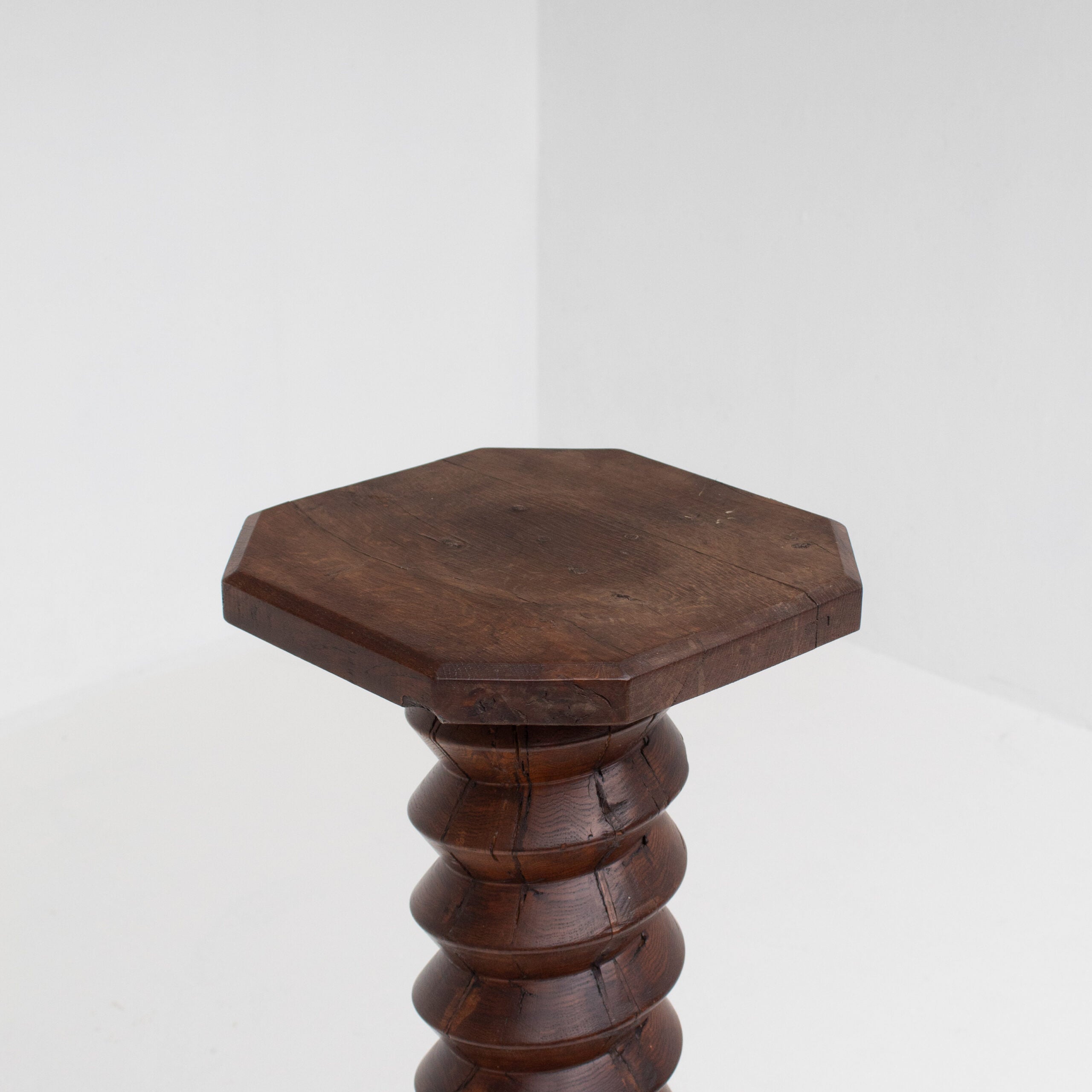 Brutalist Hand-Carved Wooden Pedestal in Solid Oak — lifestyle setting