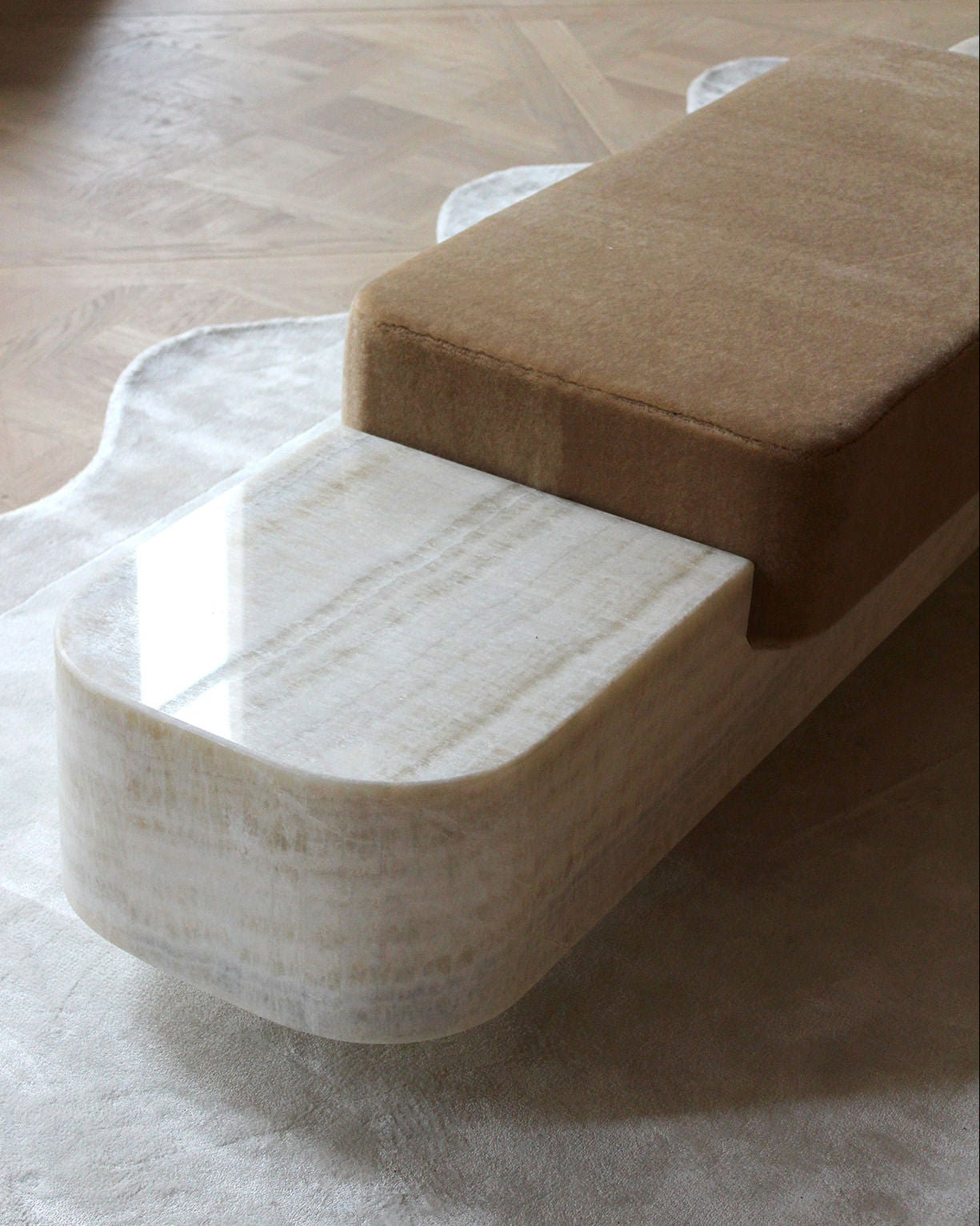 Ran Ivory Onyx Bench — close-up of onyx and fabric materials