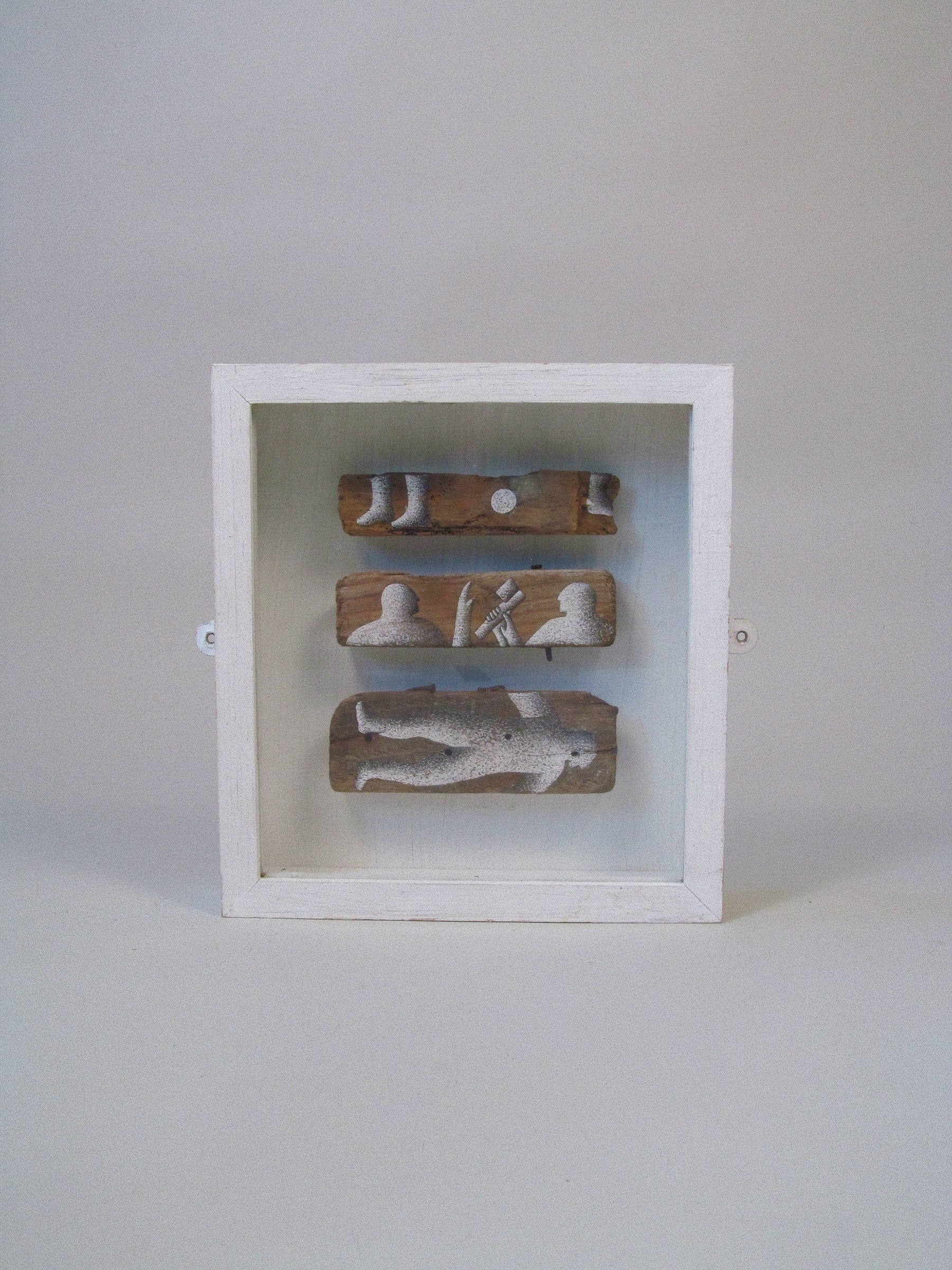 St Magnus Tales No. 17, 1992 - Matilda Tumim — close-up of wooden sculpture in white frame