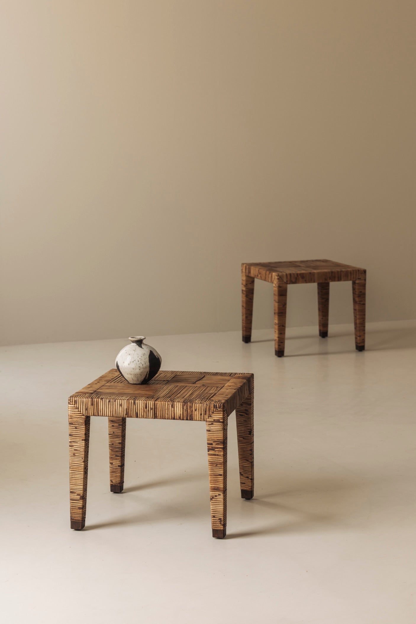 Exceptional French Rattan Wrapped Side Tables, 1970s — Pair — alternate view