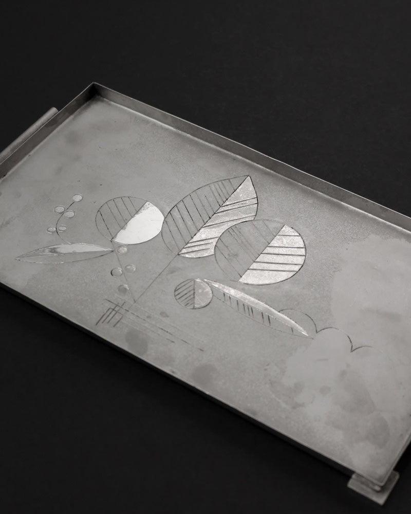 Botanical Engraved Vintage Serving Tray, 1940s — close-up of engraved metal surface