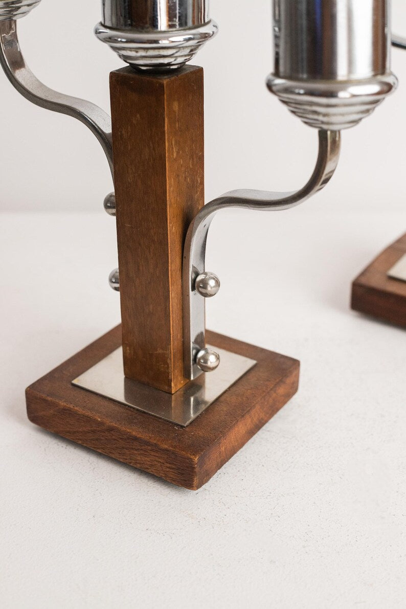 Art Deco Candle Holders Pair, Vintage Metal and Wood Candlesticks — close-up