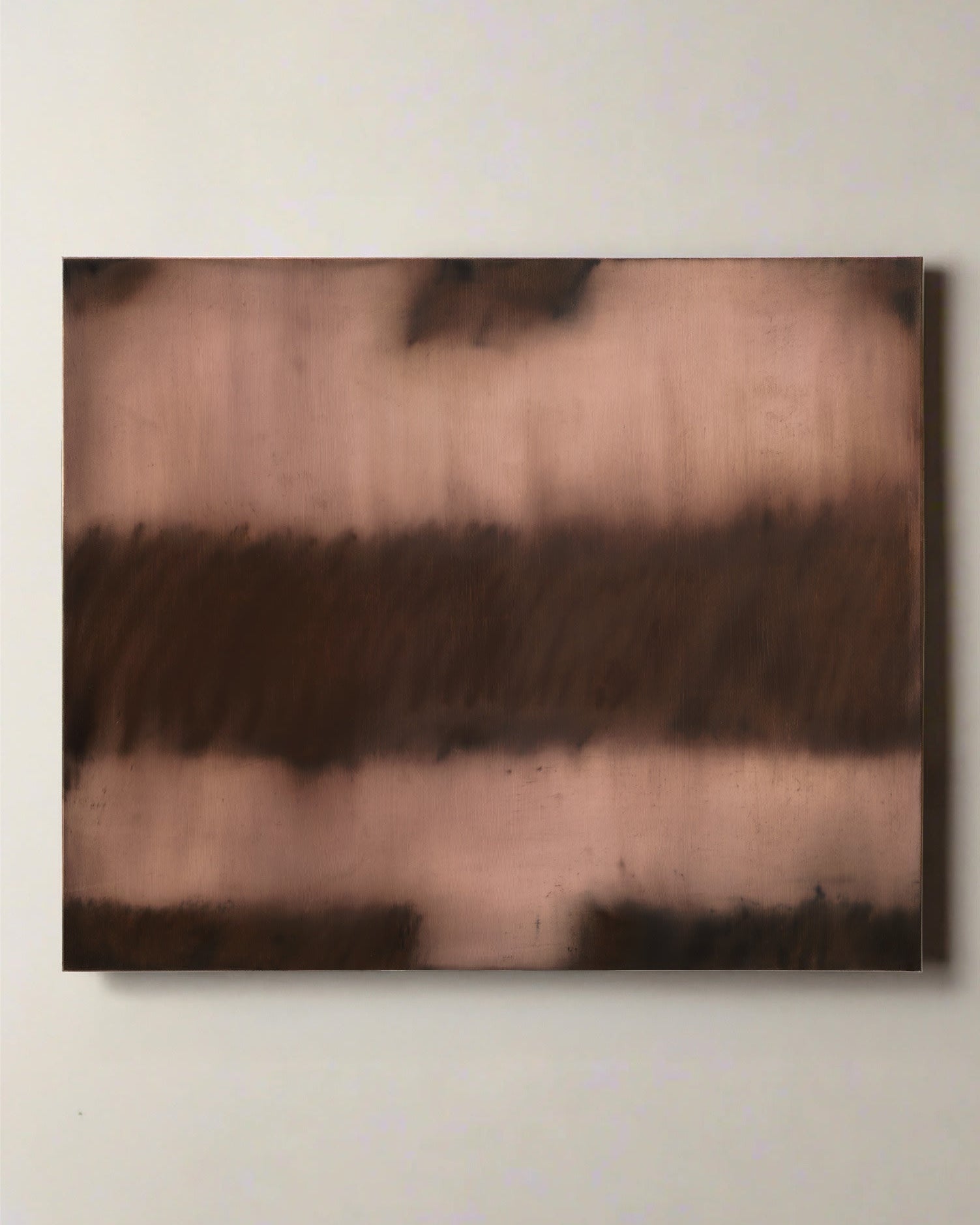 Bec Kirby’s Fever (ST446), 2025 Oil Painting features broad brown and black horizontal bands on a muted beige background, creating a soft, blurred effect. The rectangular abstract oil on canvas is displayed on a plain, light-colored wall.