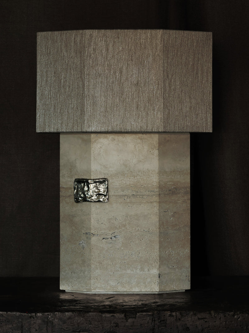 Ottavia travertine table lamp with textured gray shade detail