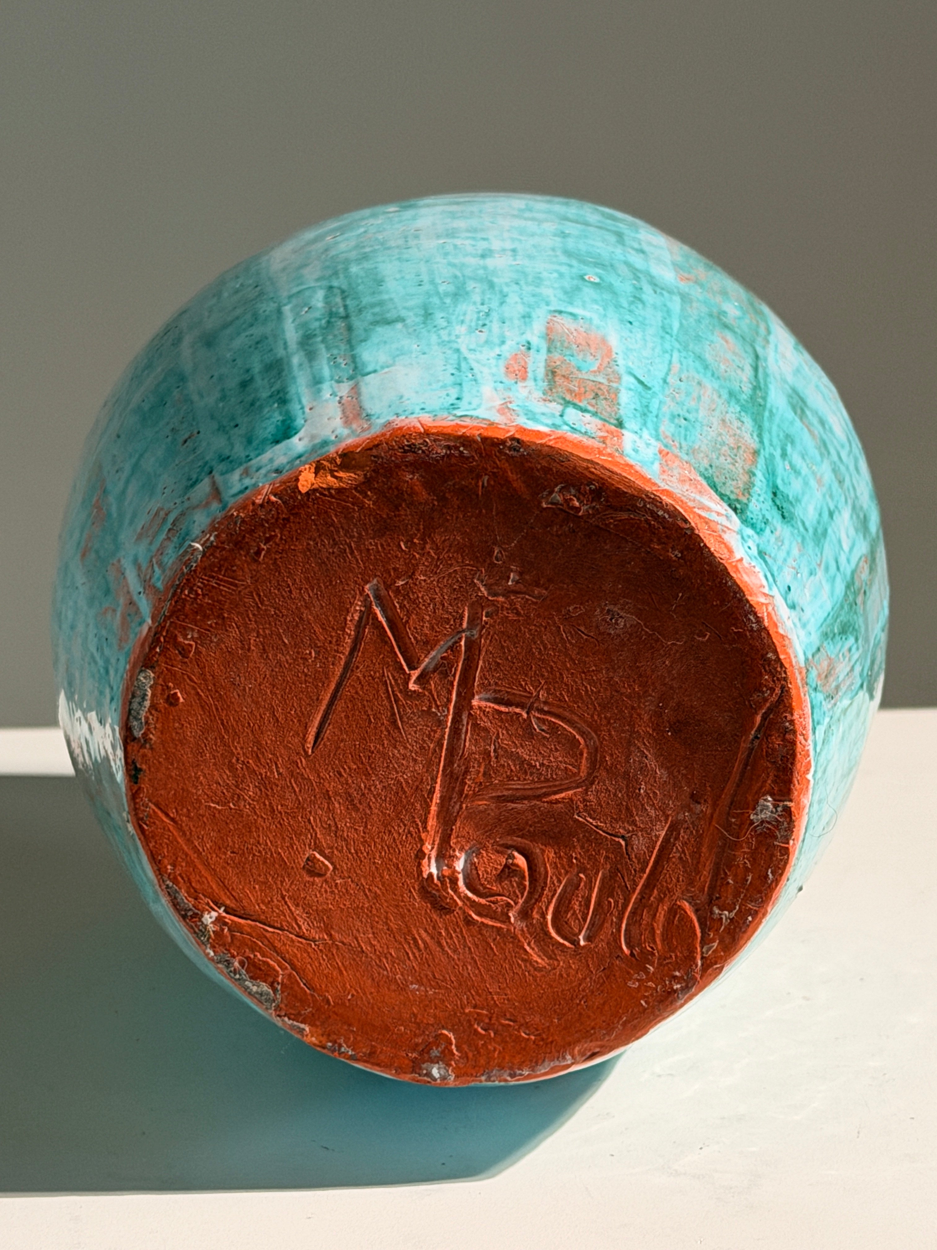 Large pitcher in green glazed earthenware, south of France, circa 1960. — alternate view