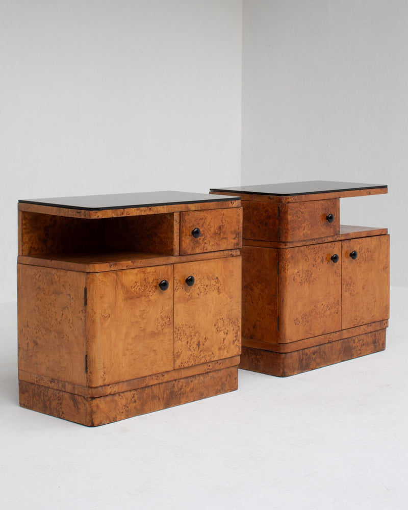 Pair of Art Deco Nightstands in Burlwood by Malata Antwerp | The Oblist — handcrafted burlwood finish