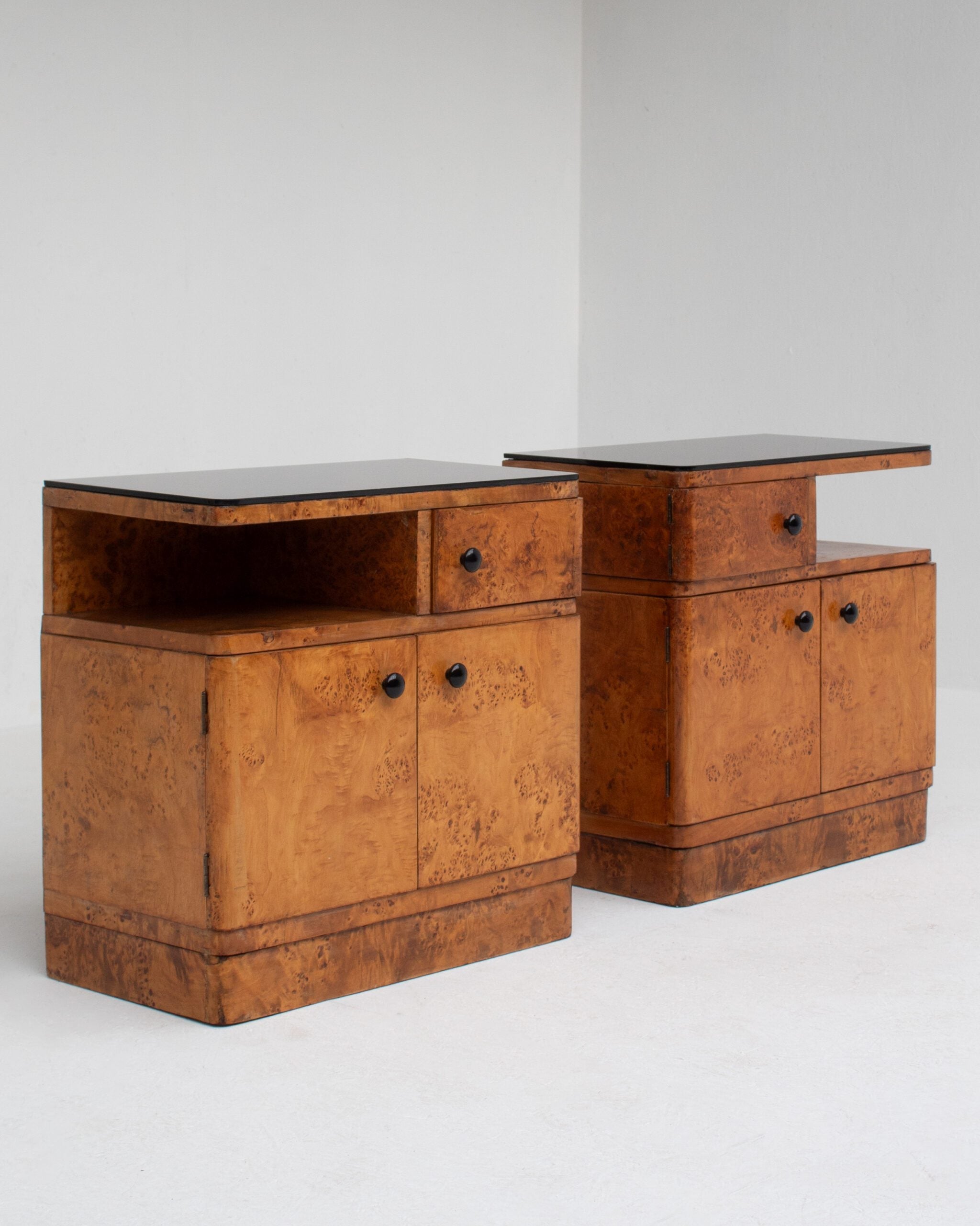 Pair of Art Deco Nightstands in Burlwood by Malata Antwerp | The Oblist — handcrafted burlwood finish