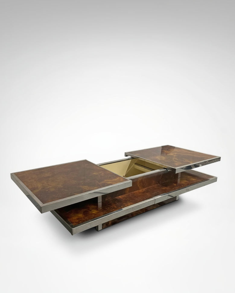 Sliding two tier burl wood and metal coffee table with integrated bar France 1980s by Redesignable  | The Oblist