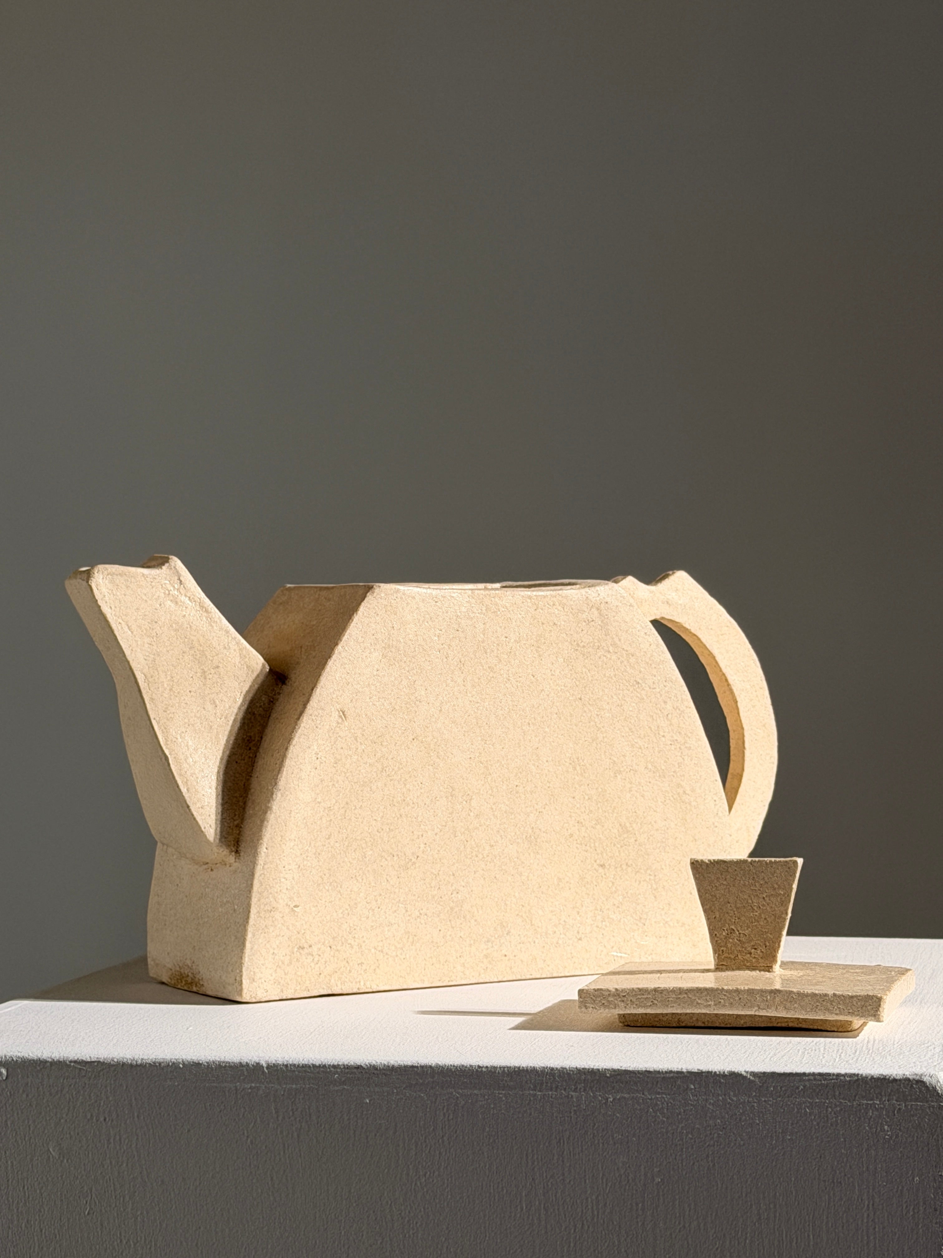 Geometric sculptural stoneware teapot, France, 1990 — close-up