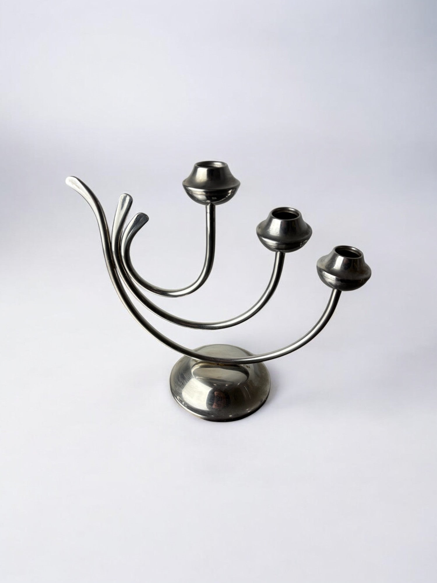 Art deco candlestick in stainless steel, 3 flames, Spain, 1970's — side angle