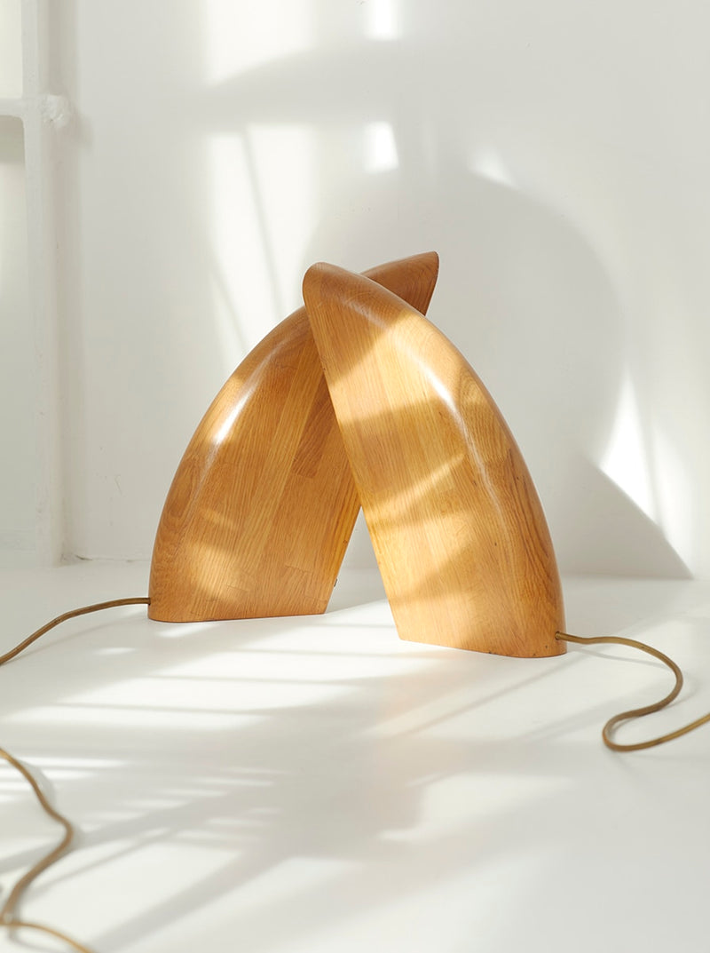 Set of 2 Vintage French Artisanal Table Lamps in Solid Oak Wood C. 1980 by DIG IN JAPAN | The Oblist — solid oak wood, warm t