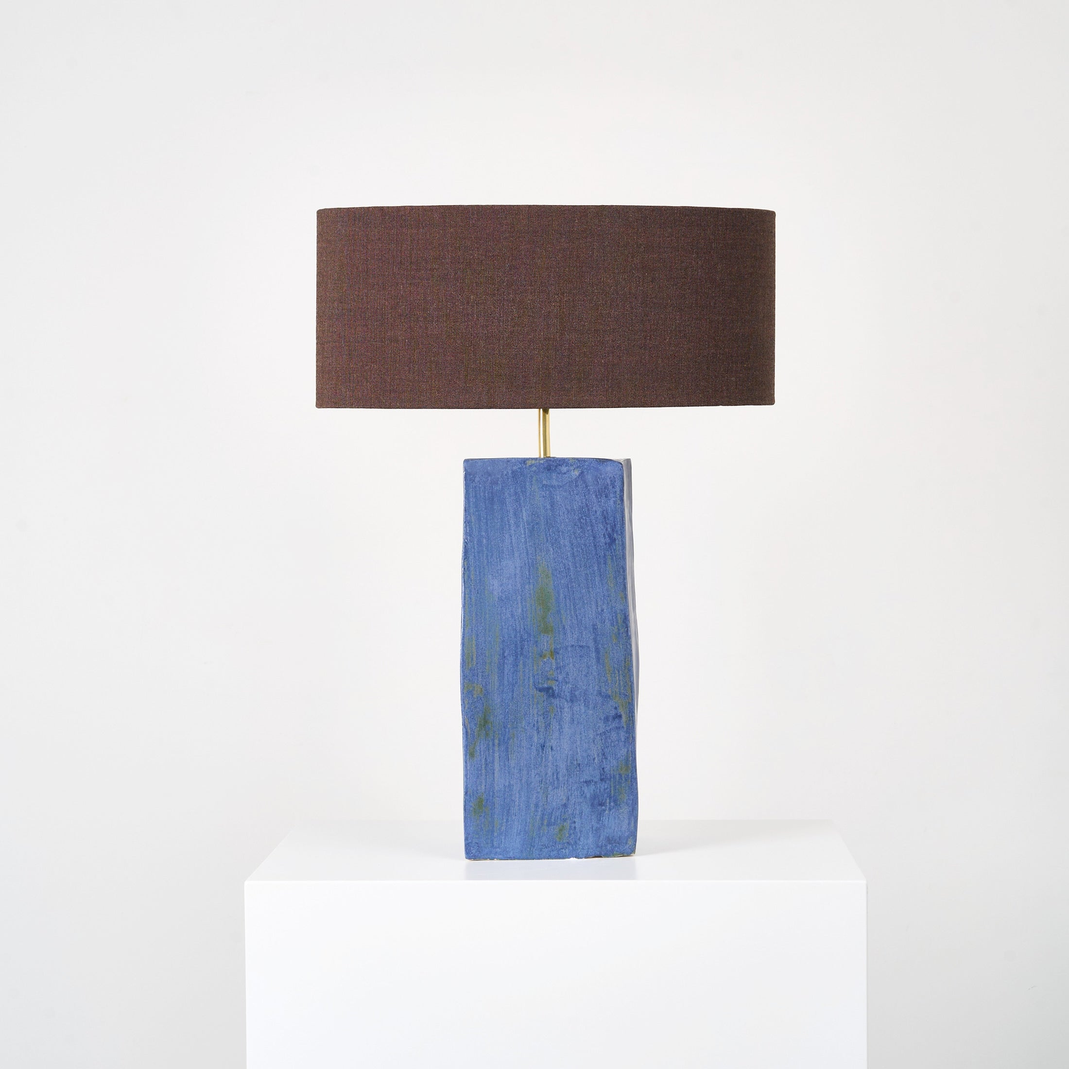 Rectangular Ceramic Lamp — front view with blue base and brown shade