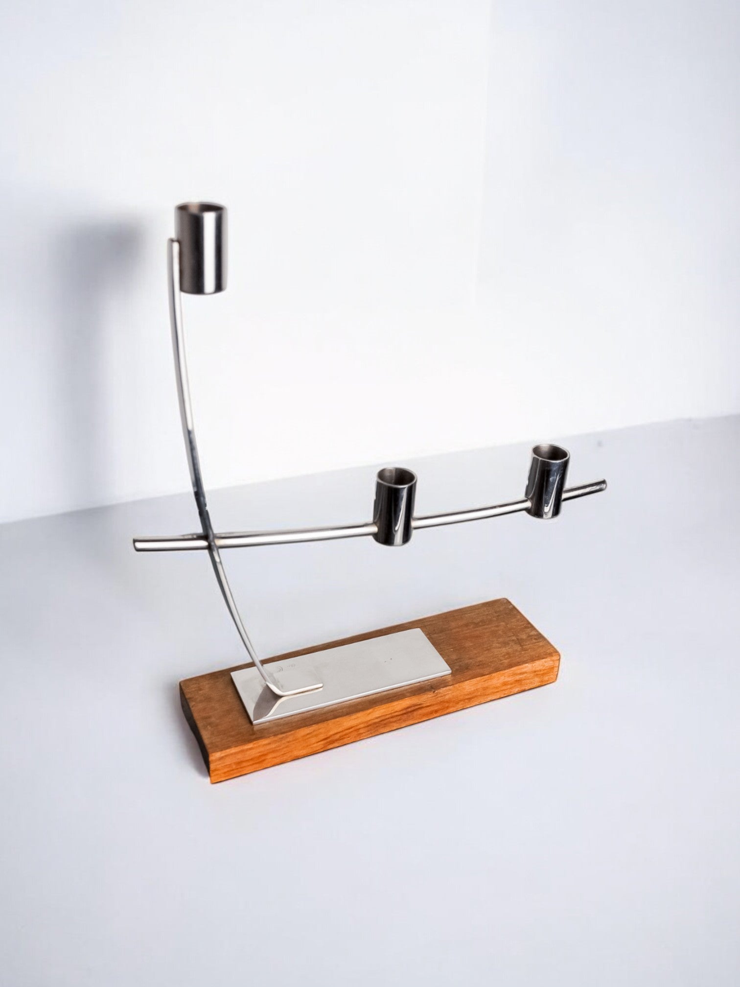 Candleholder in Stainless Steel and Rosewood, Denmark, 1970s — side angle showing curved metal arms
