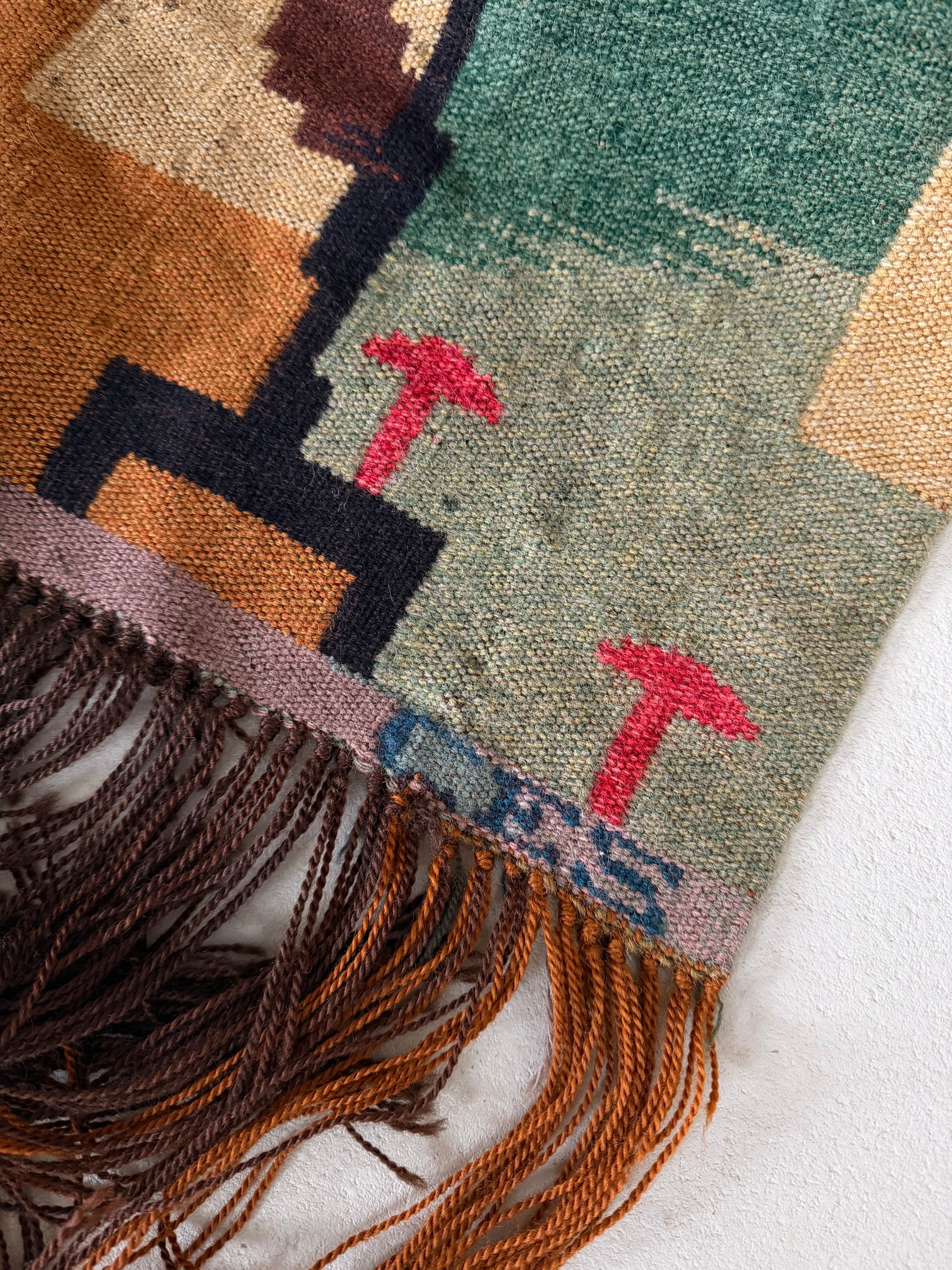 Carl Edvin Svensson Wool Wall Tapestry, Sweden, 1930s — top view showing colorful patterns and fringe