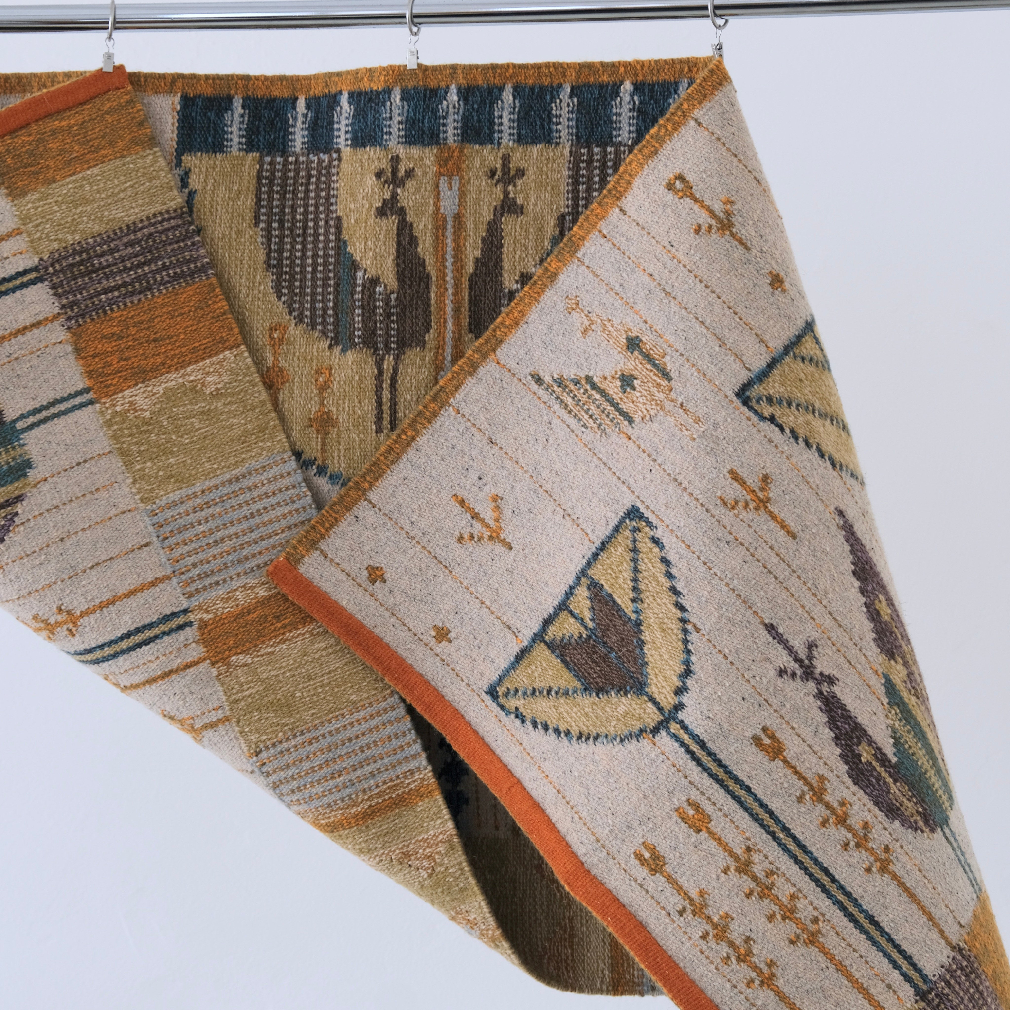 Mid-Century Wool Wall Tapestry by Éva Németh — angled view showing vibrant colors and patterns