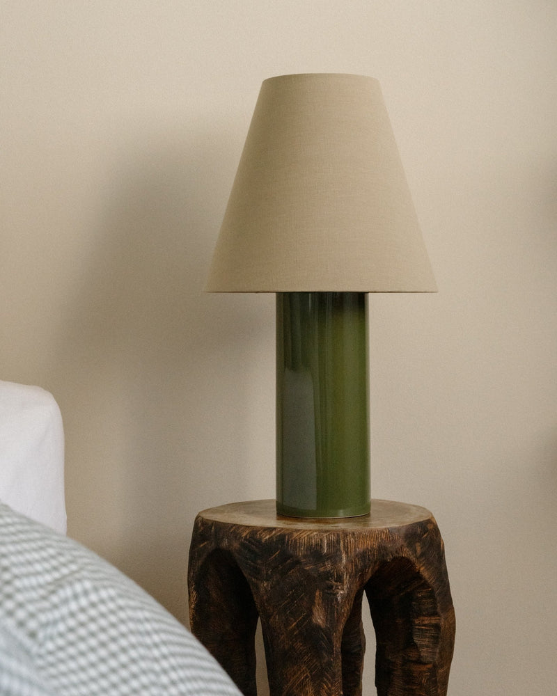 Giro Table Lamp - Treetop & Beige — close-up of green ceramic base