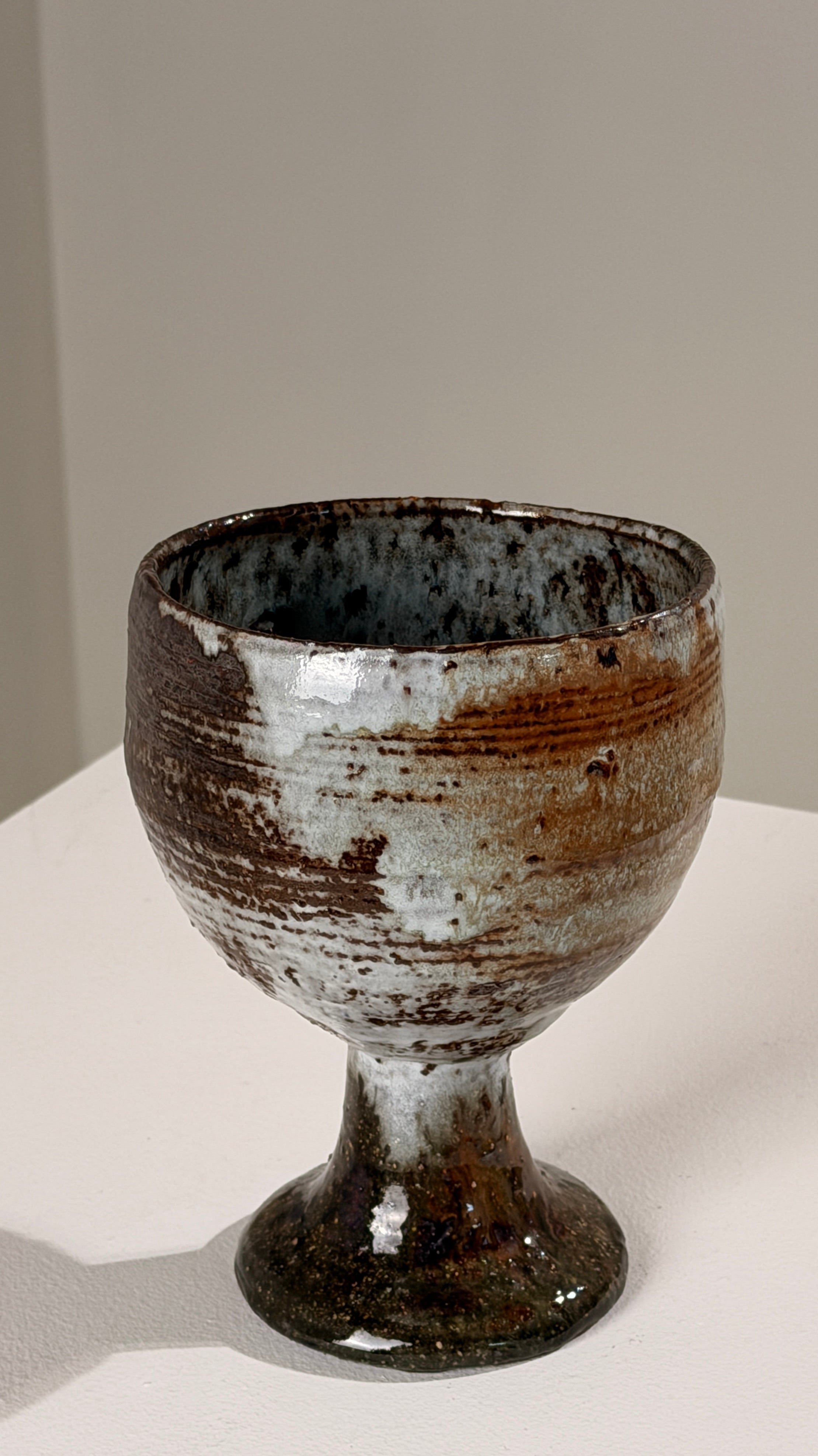 Stoneware Chalice by Cécile Dein, France, circa 1970 — angled view on white pedestal