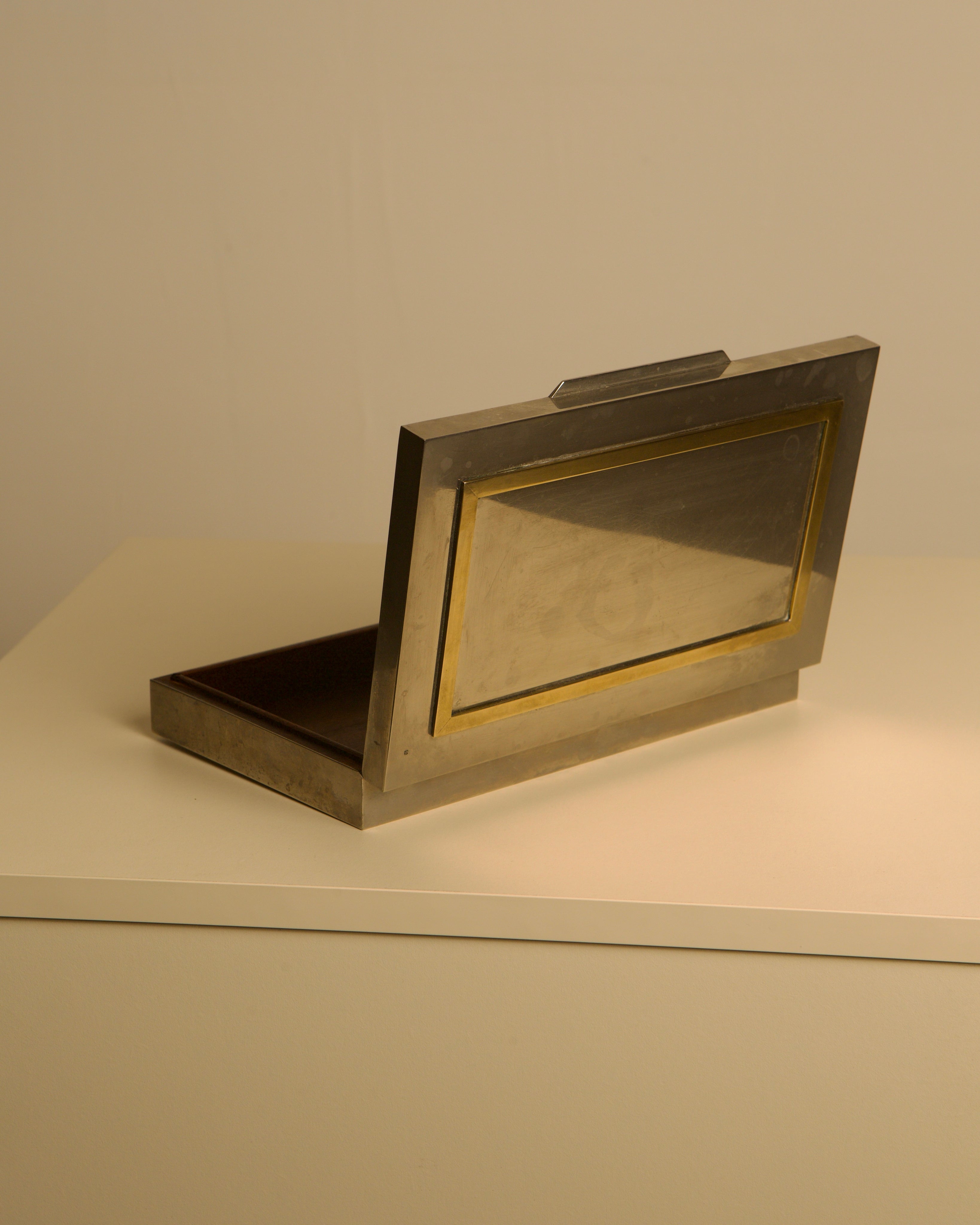 Large Italian metal and brass box with wooden interior, 70s — top view showing open lid and interior