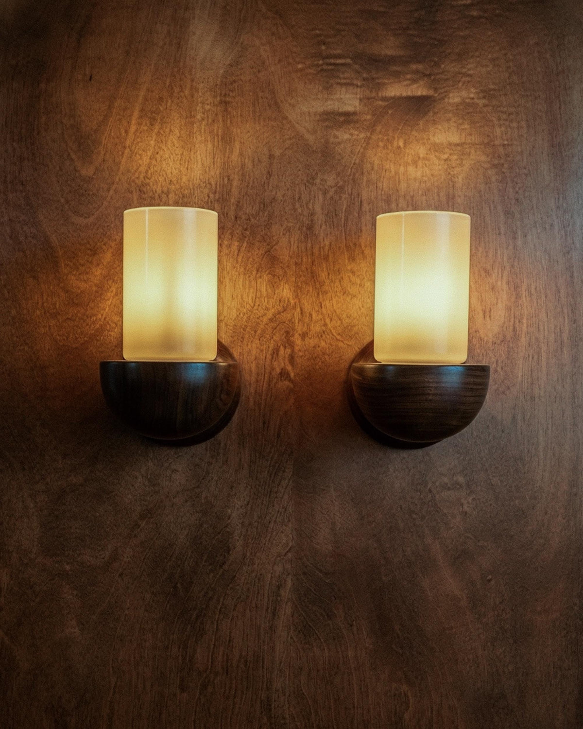 Vintage 1960s Wall Lamps Set of 2, Dark Wood with White Glass Shades, Mid Century Modern Lighting, Sculptural Wall Sconces — view 9